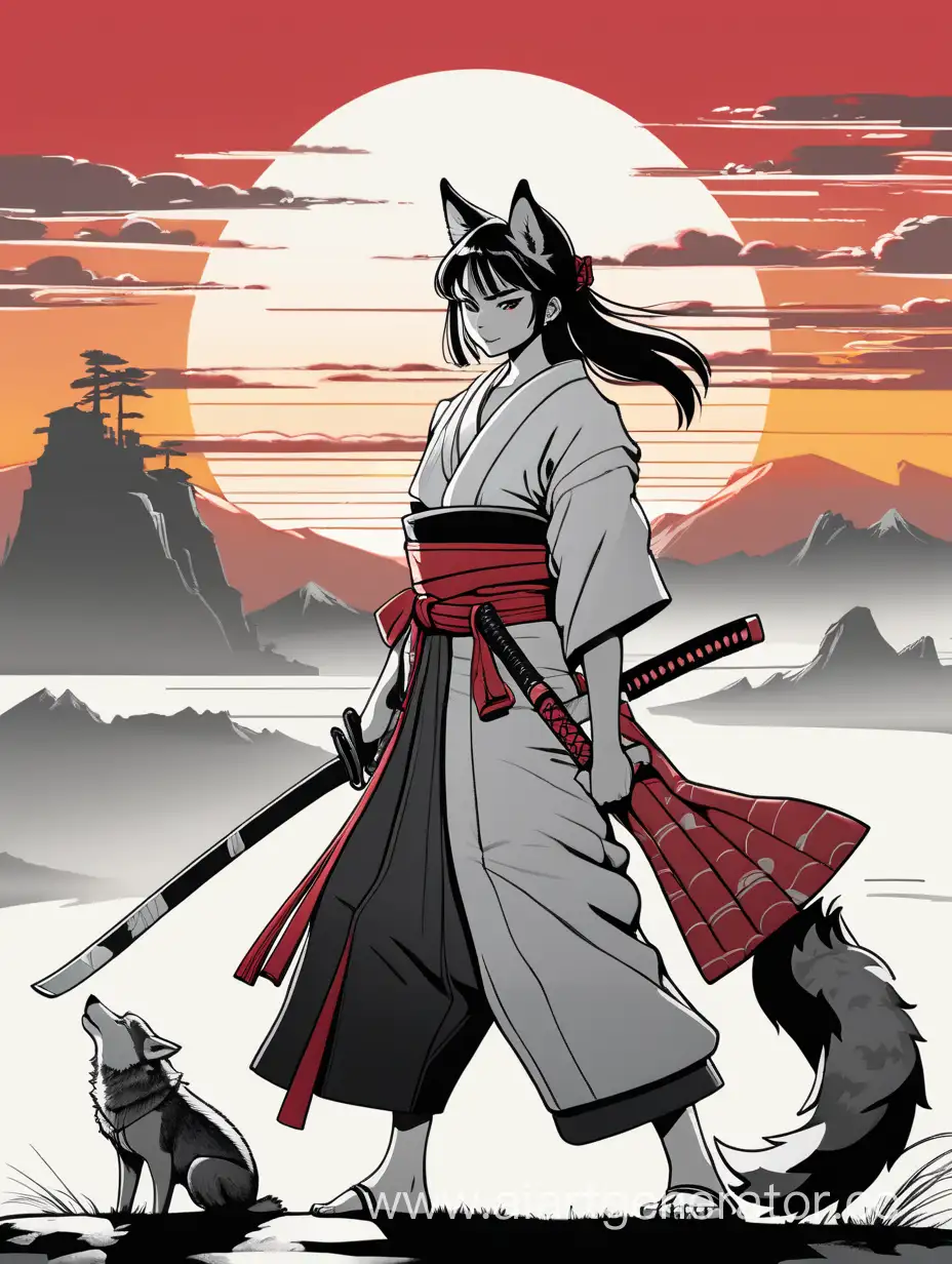 A samurai girl, an evil smile, holds a katana with both hands horizontally at waist level, behind the girl’s back there is a large wolf, in the background there is a rising sun above the horizon line, the color palette consists of black white red shades,