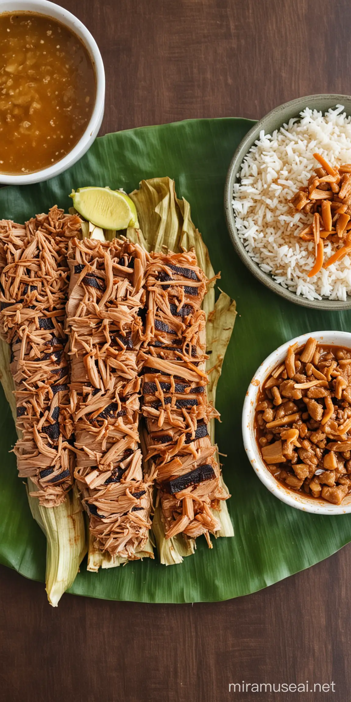 Nasi bakar tongkol suwir yang dibungkus daun pisang. Nasinya terlihat hangat dan siap disajikan di atas sebuah piring. Dengan 1 tempe bacem di sebelahnya, dan ada sambal bajak di sebelahnya juga. Rona warnanya hangat dan membuat suasananya jadi lapar 