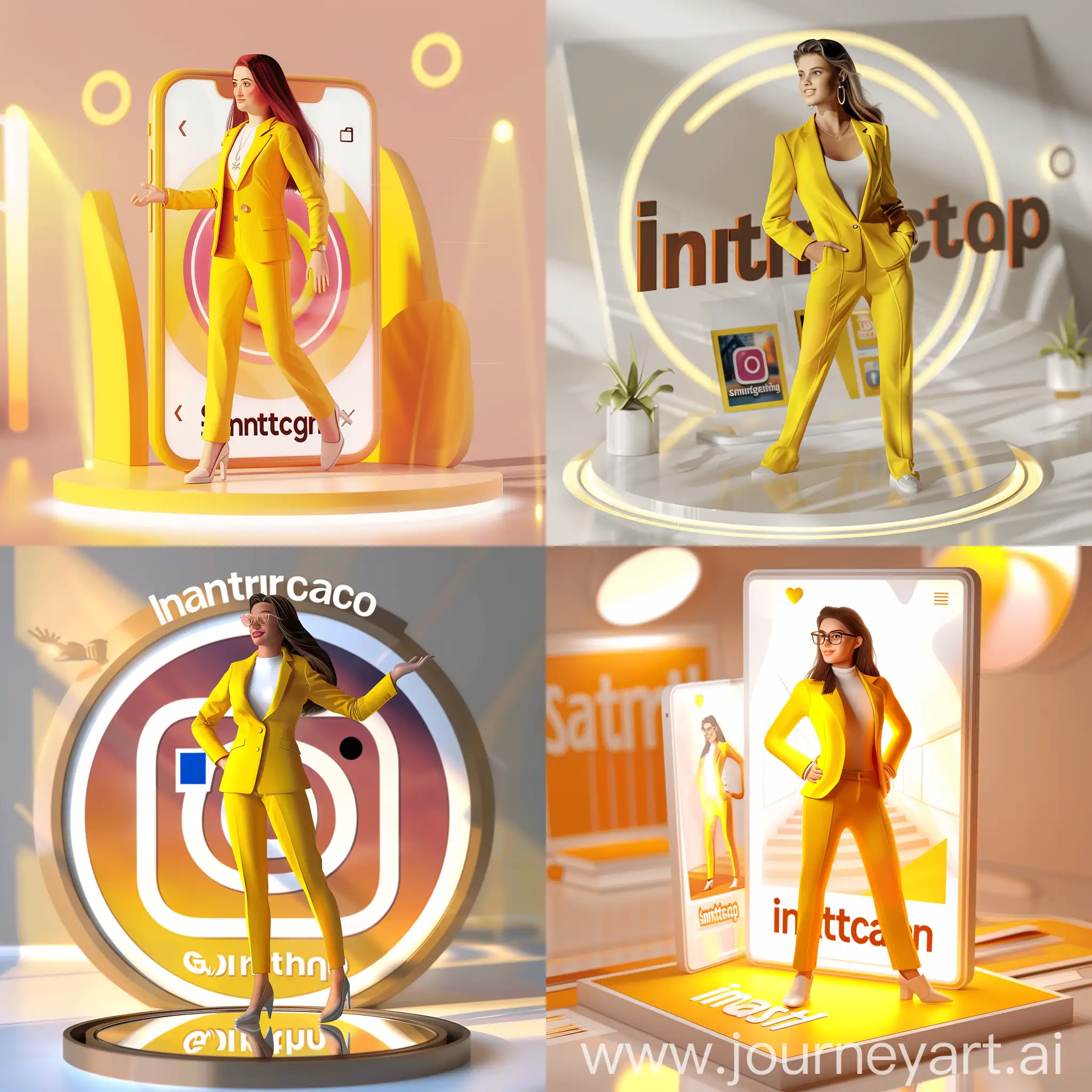 handsome girl setting on a social media logo "Instagram". wearing yellow suite . The background is mockup of his Instagram profile page with a profile name "Smart Graphics" and a profile picture . soft light reflection