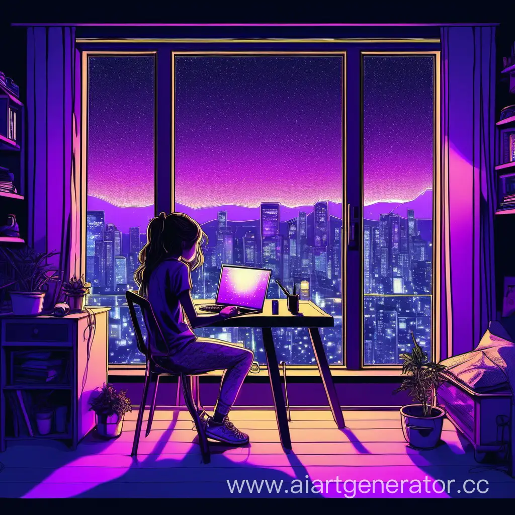 Цветной рисунок, где девушка сидит в комнате, освещенной фиолетовым цветом от светодиодной ленты, на подоконнике большого окна и смотрит на ночной пейзаж. Рядом с ней стол. На нем ноутбук, камера и микрофон