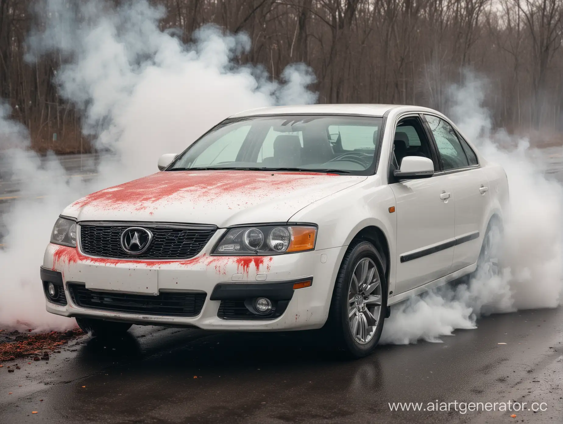 White-Sedan-with-Leaking-Antifreeze-and-Smoke