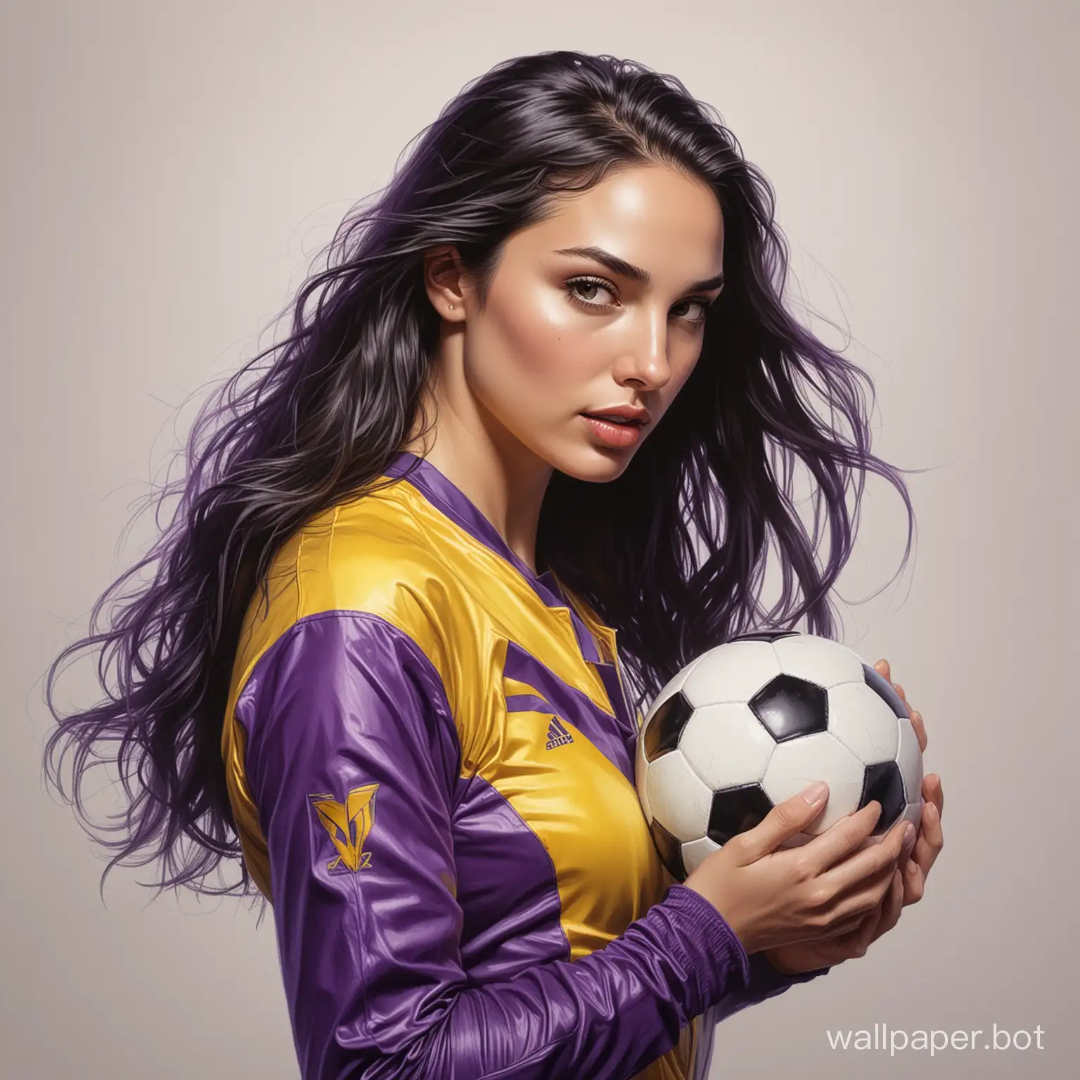 sketch young Gal Gadot 18 years old black long hair 5 breast size narrow waist In purple-yellow soccer form white background high realism drawing with liner portrait in half-turn style Boris Vallejo