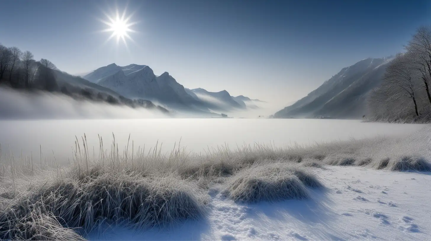 Majestic Winter Scene with Misty Mountains and Frozen Lake