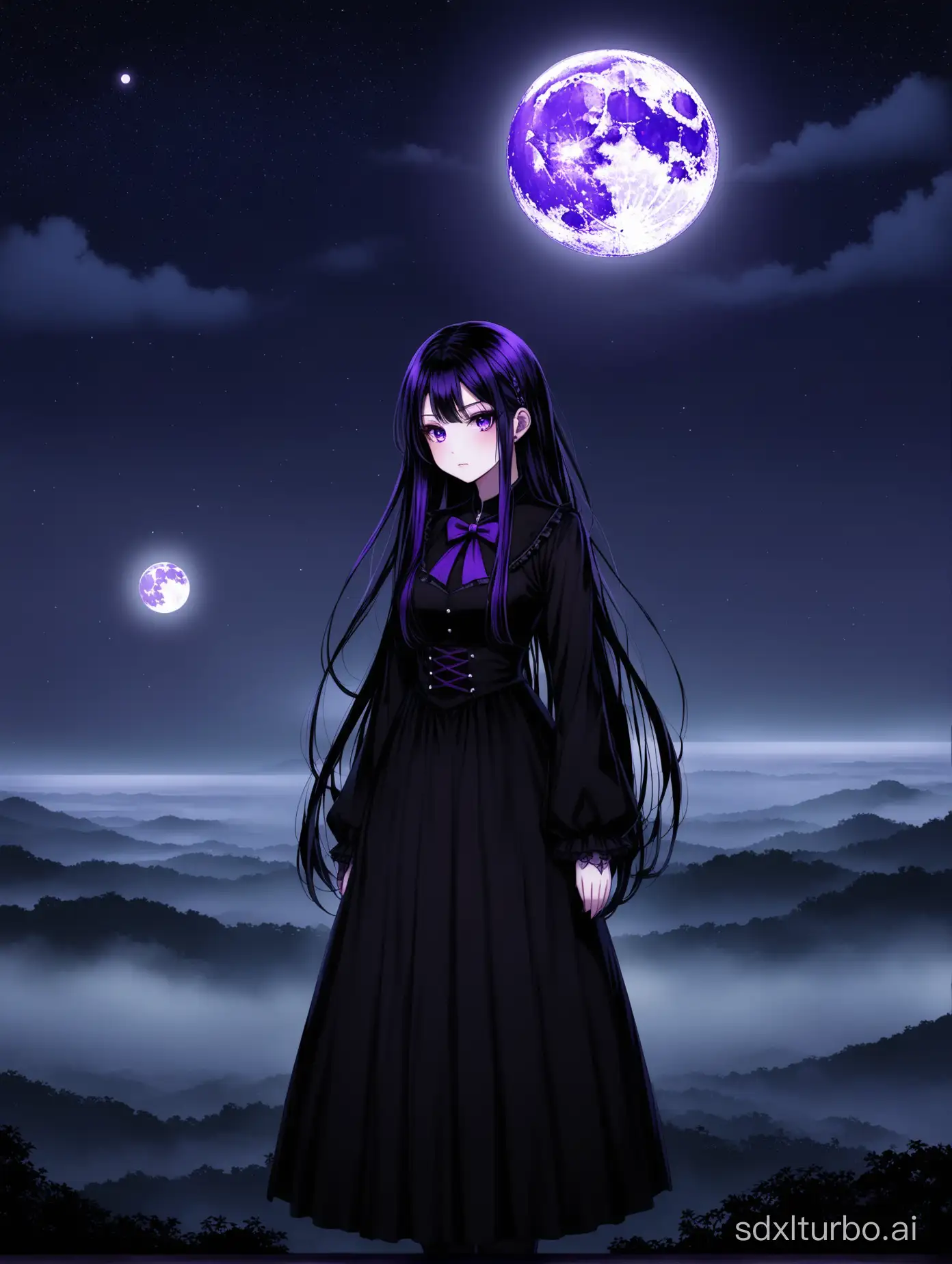 Rei Hino with purple highlights in her long hair, in dark colored Goth clothing, with a lonely narrow moon on the distant horizon with no stars and a foggy background.