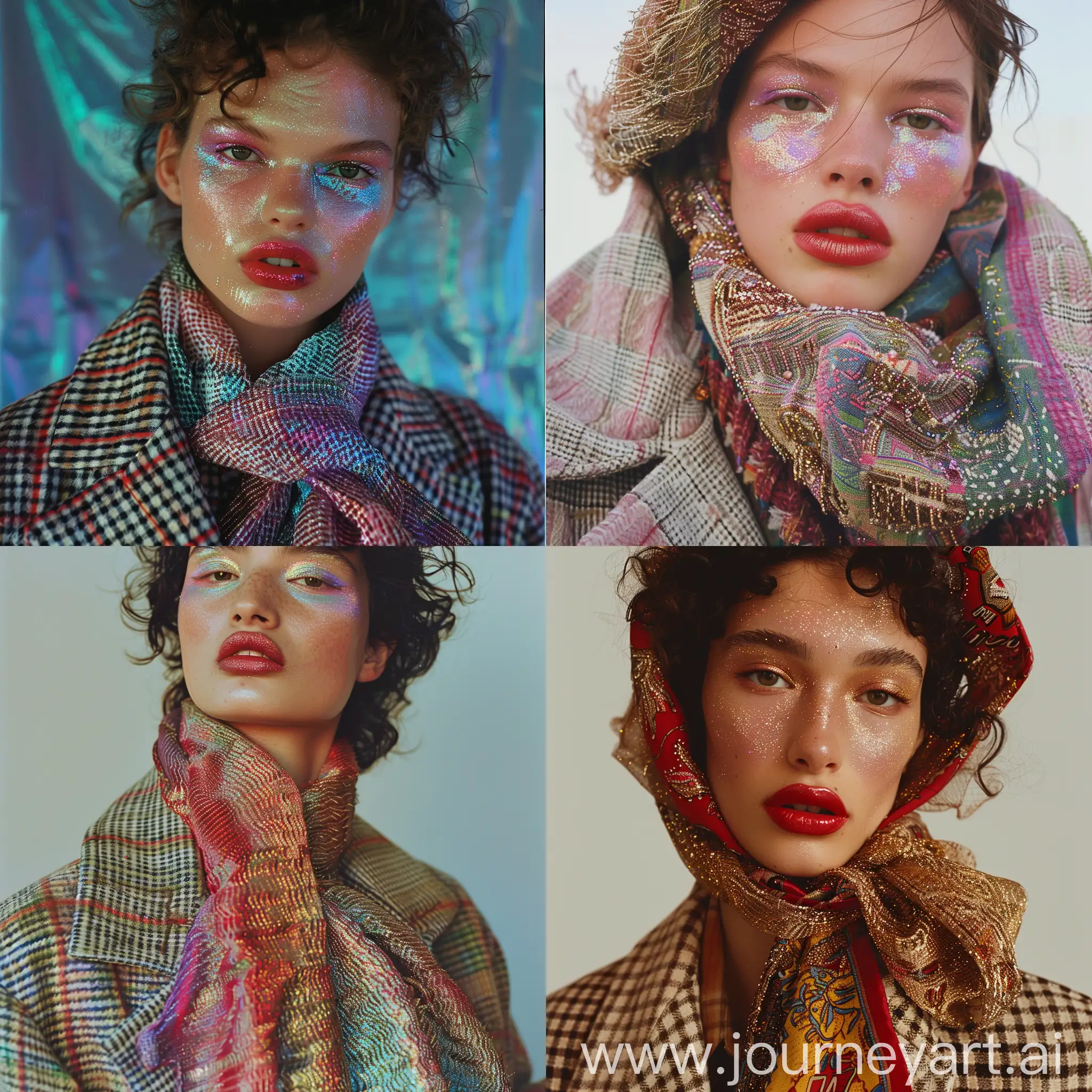 90s-Turkish-Model-in-Preppy-Style-with-Checked-Coat-and-Iridescent-Makeup
