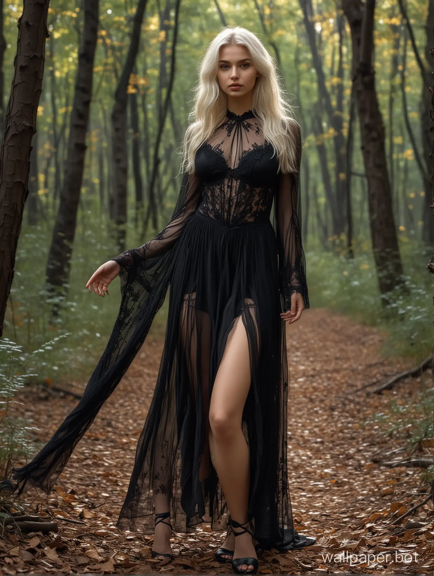 Photo of a beautiful 18 y.o. russian model, full body, wide shot, detailed skin, perfect body, very detailed, 4K HQ, 8K HDR, High contrast, shadows, platinum blonde hair, in forest, sheer black wizard dress, full body view