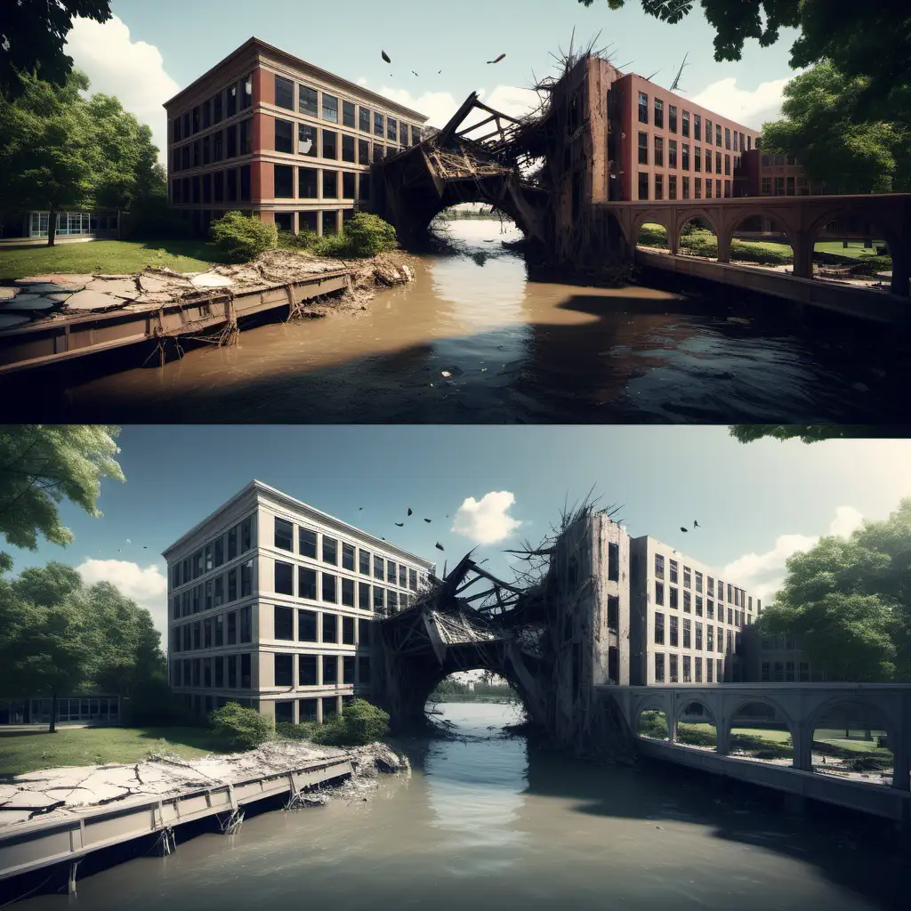 Two world vastly different and oddly similar. Create an image of a school building one one side and a similar office building on the other with a crumbled bridge broken in the center, failing to connect the two. Make one on the right and one on the left. Add detailed elements that create artistic feel and inspire deep thought. 