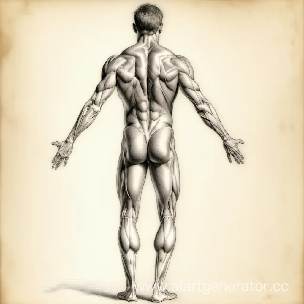 male full body, pencil drawing, from the back,anatomically correct with musculature, like medicine poster