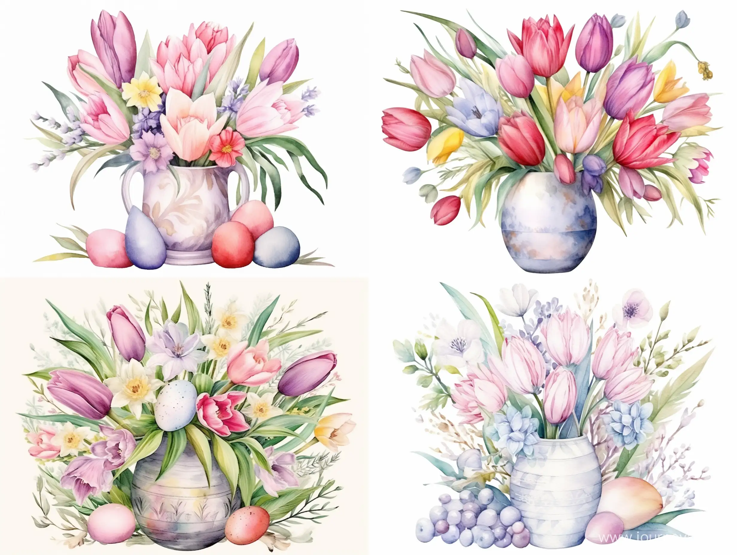 Watercolor happy easter vase illustration with flowers, feathers and eggs. Spring holiday decoration. April boho design