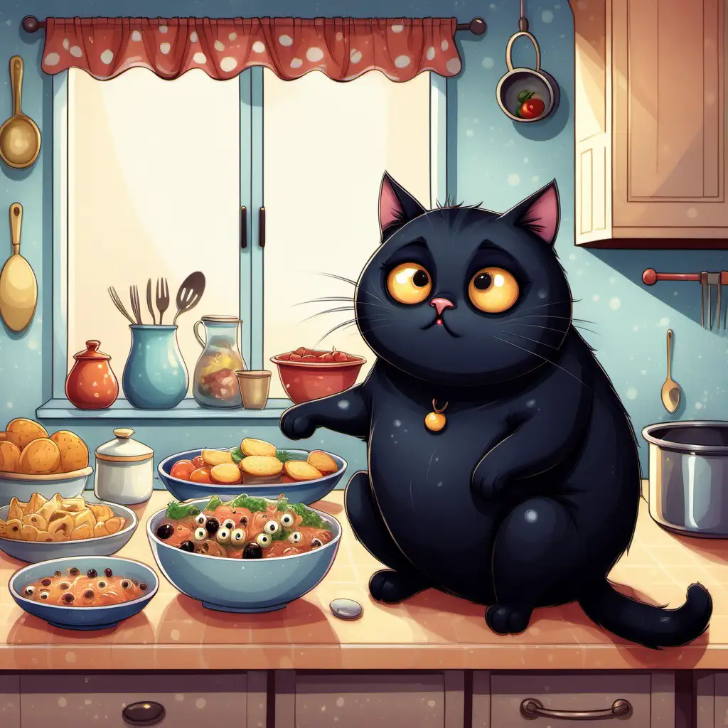 Playful Black Cat in Kitchen Eyeing Food