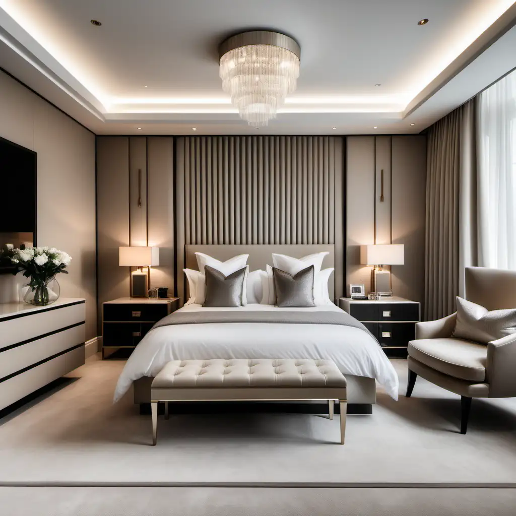 Editorial style photograph of a modern luxury guest room in a modern mansion in London Neutral beige colour Realistic 8k photos with a canon