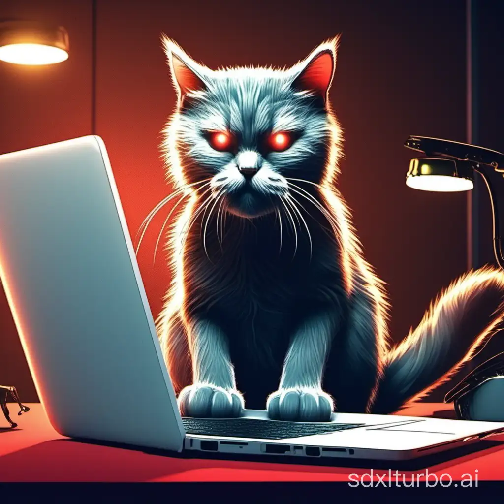 a cinematic cat hacking a website using a laptop