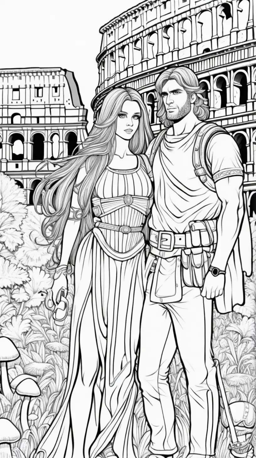 Coloring Book Fun at the Colosseum Playful Couple Amidst Mushrooms