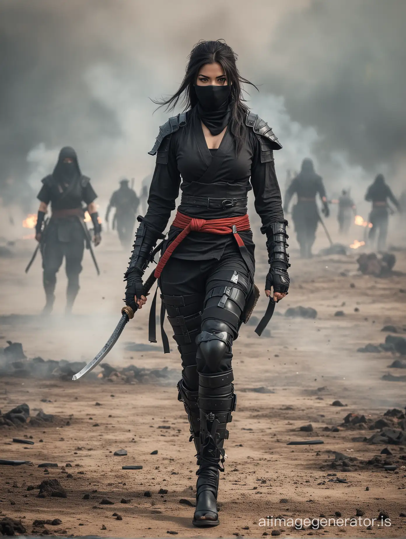 scantily dressed female ninja walking over a battlefield. The battle has been won, smoke everywhere. Dead bodies on the floor. No people in the shot