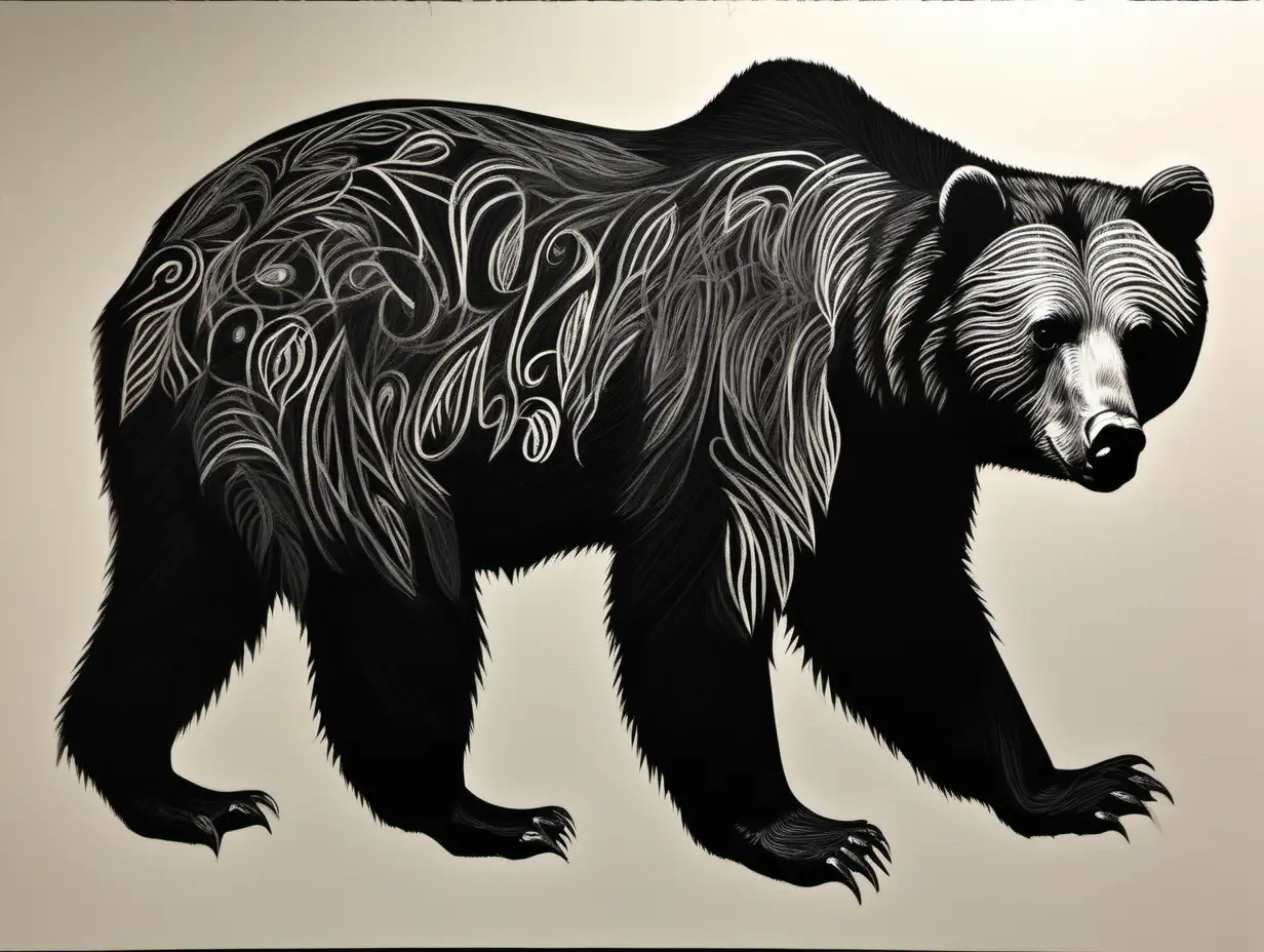 grizzly bear, nativistic painting like Casado Danon, draw on black paper