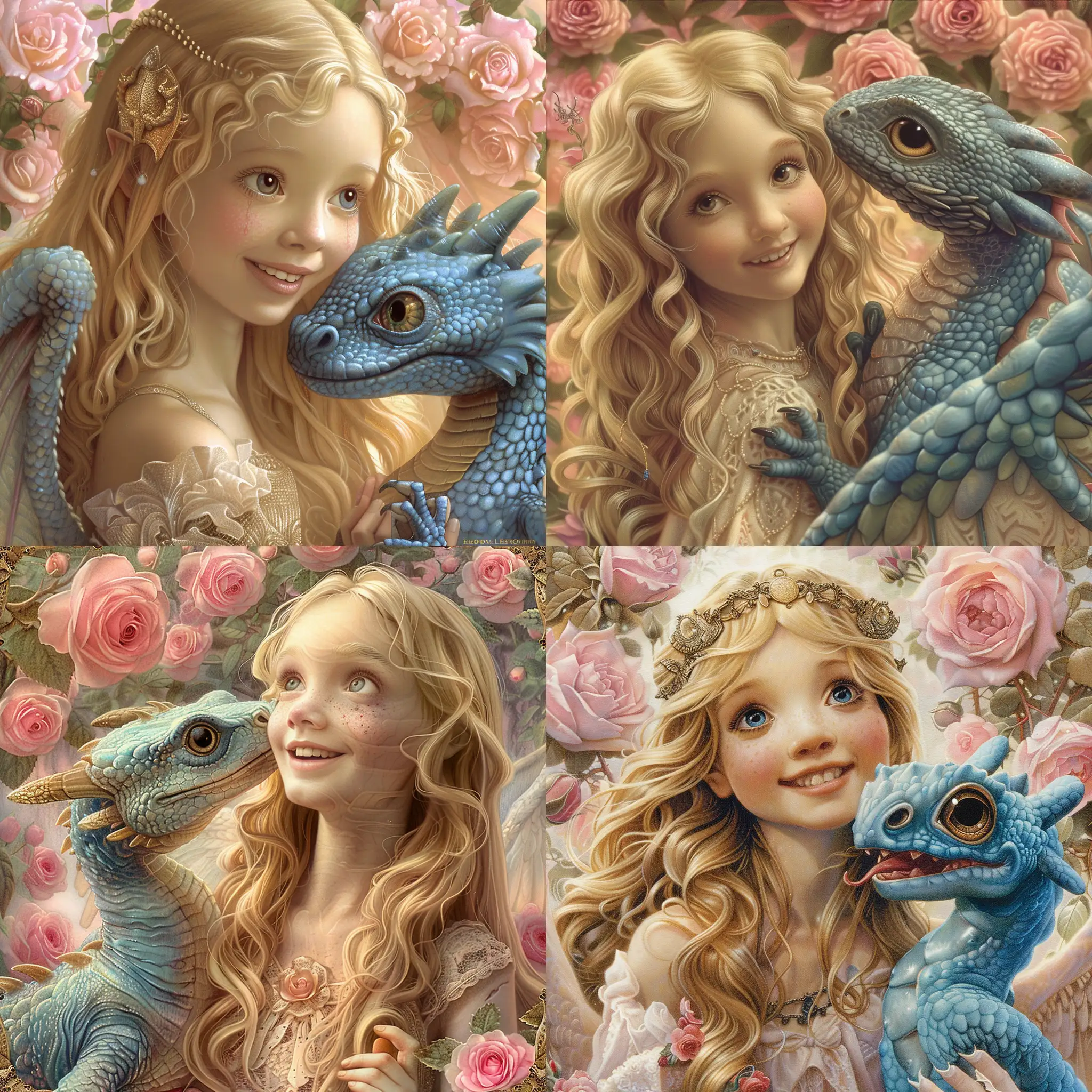 A colourful detailed image of a beautiful medieval angel with long blonde hair and delicate features smiling at her blue scaly big eyed cute dragon friend . Background of pink roses. Magical mysterious fantasy etheral highly detailed surreal. Edmund Blair Leighton 