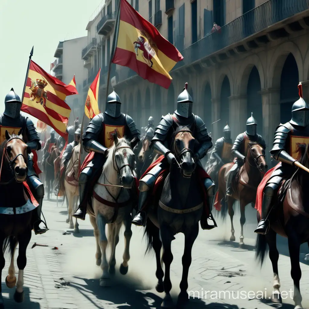 MAKE A DESTROYED AND INJURED ARMY OF SPANISH KNIGHTS MARCHING IN HORSES TRHU BARCELONA AND THE PEOPLE ARE HELPING THE MOST INJURED SOLDERS, THE ARMY OF KNIGHTS ARE RESUPLING THEIR SUMINISTERS. 4K PHOTO, ULTRAREALISTIC, MEDIAVAL ERA, 1 OF THE KNIGHTS IS WITH A SPANISH FLAG THATS DIRTY AND DESTROYED
