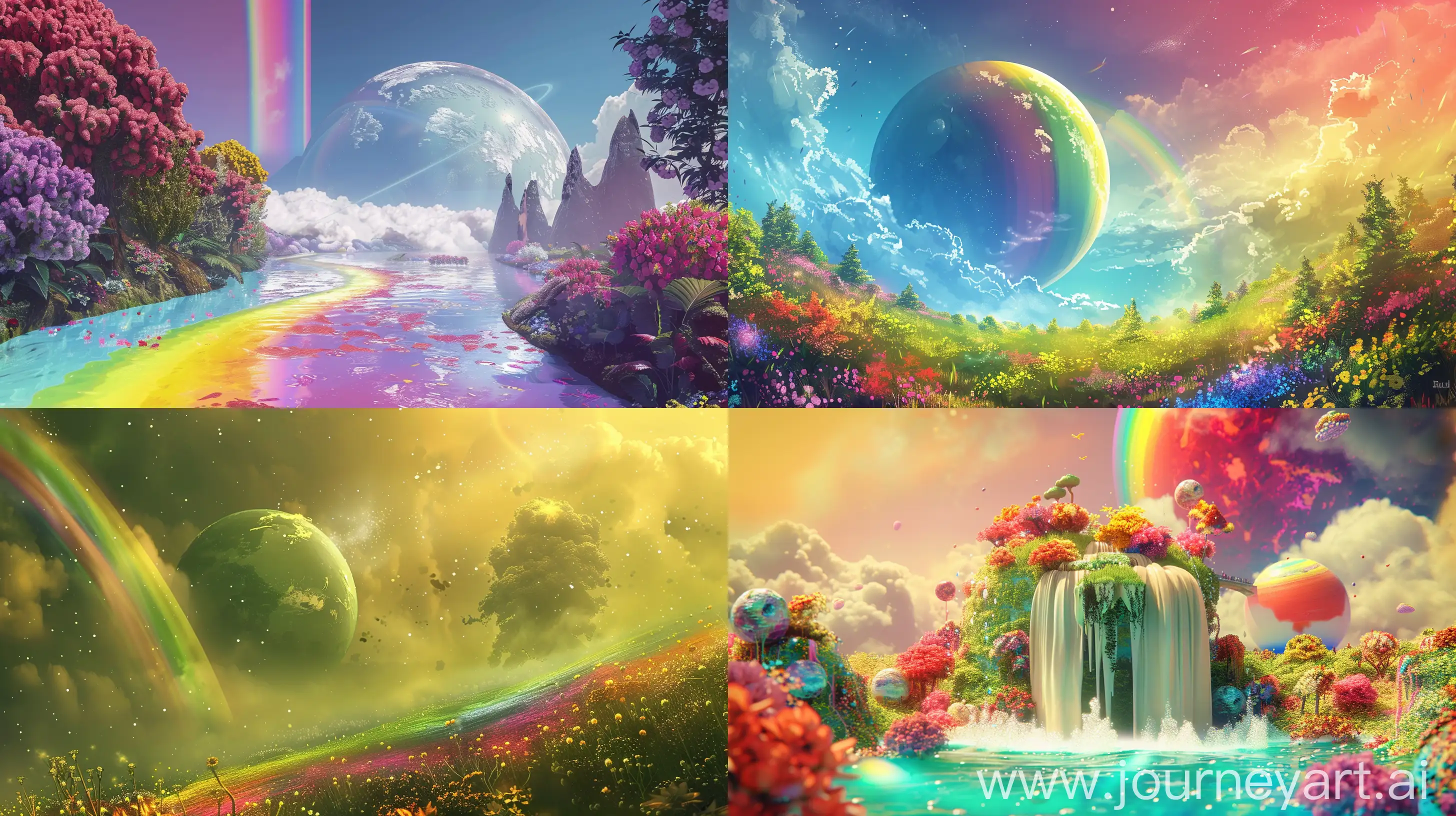 combination of planet and paradise and garden and rainbow milk, beautiful, fantasy style, realistic --ar 16:9
