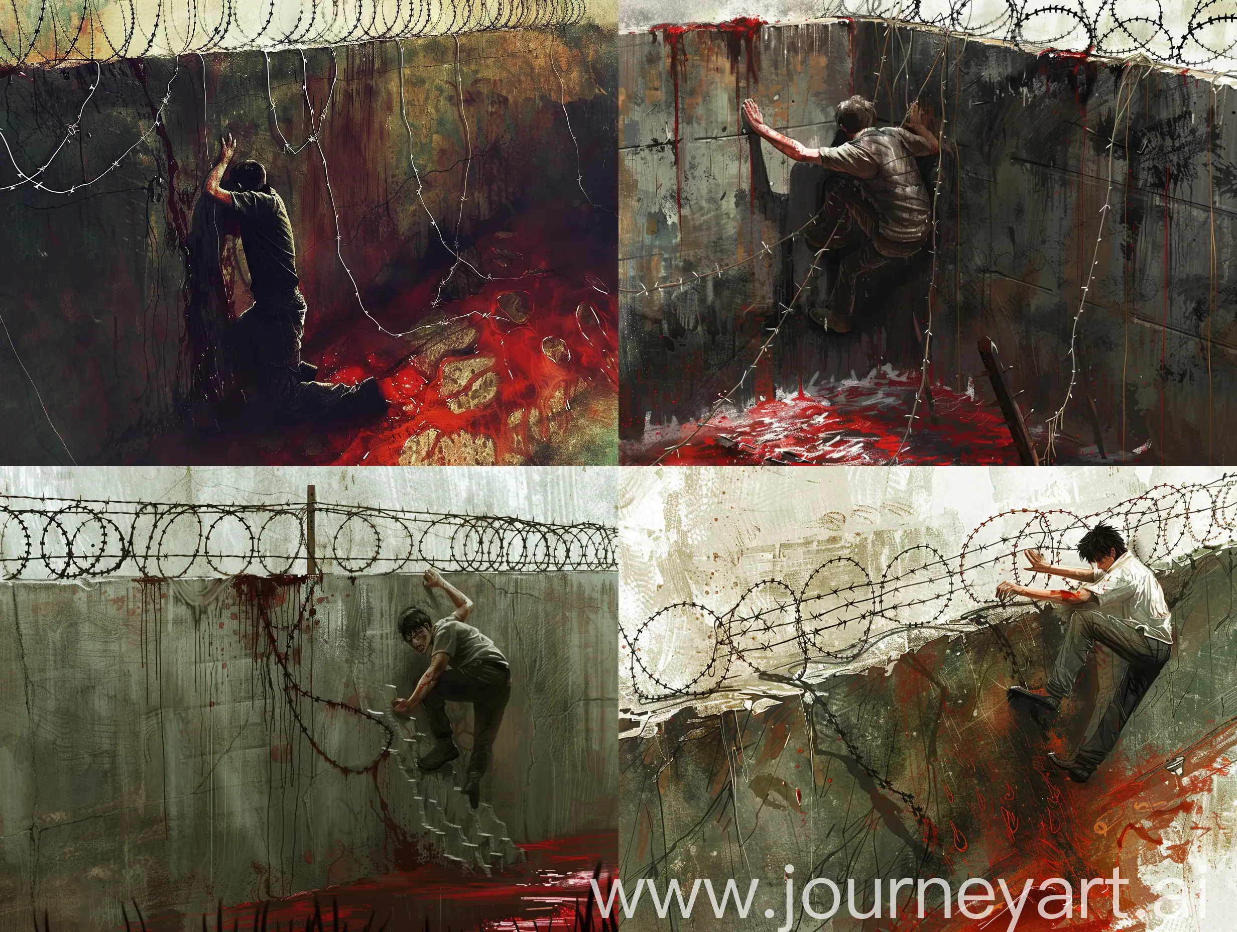 Determined-Man-Overcoming-Challenging-Wall-with-Barbed-Wires-in-a-RedStained-Landscape