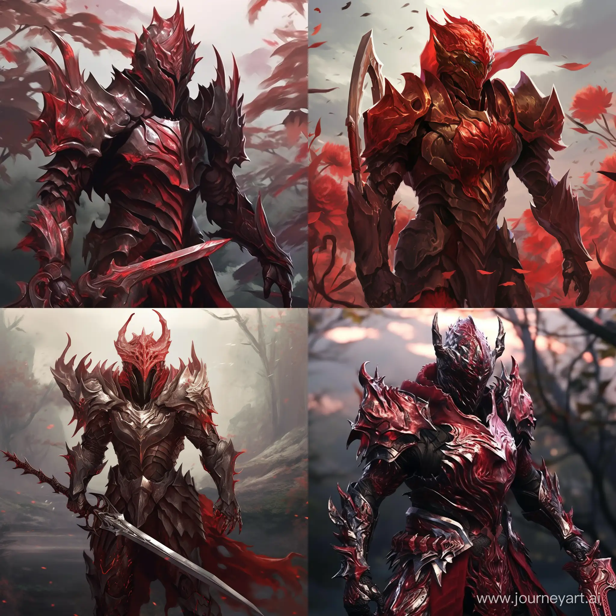 Medieval fantasy armor, full-plate armor, construct, no human features, a living armor, red color, crimson armor, red dragon scale armor, holding enchanted dark spear, flower field background, helmet in the shape of a normal helmet, not draconic design, realistic armor, no exagerated details, no horns, good lightning, clear view, warrior pose, minimalist armor