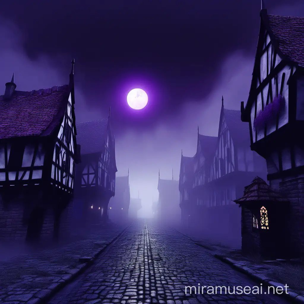medieval city at a dark dawn with no one on the street and a lot of fog, ground view, dark sky, purple vibe, in a ps1 style