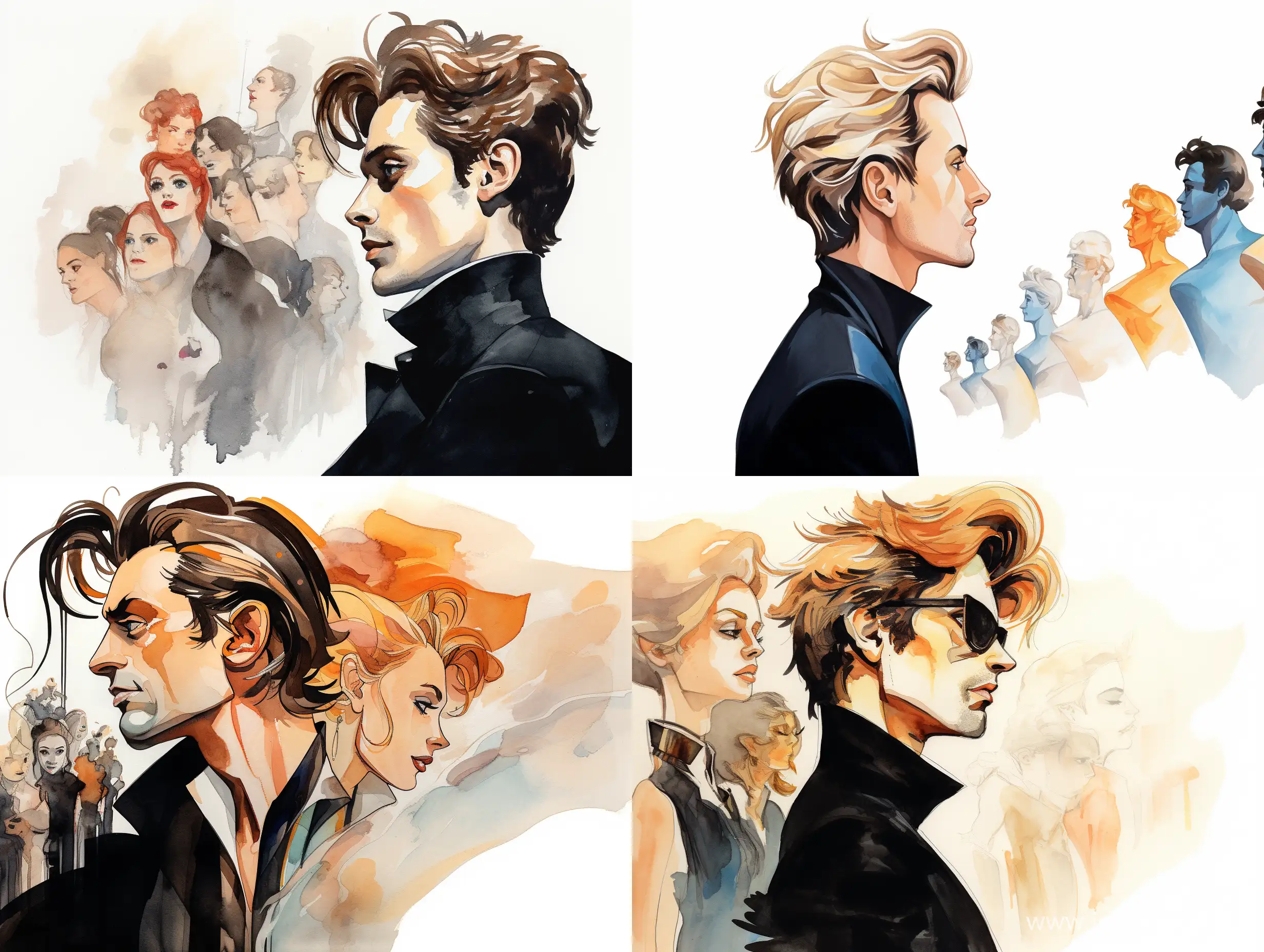 Portrait of Pierre Richard in profile, the film Blonde in a black shoe, against the background of characters from films, on a white background, caricature, watercolor, in detail, impressionism style, Victor Ngai