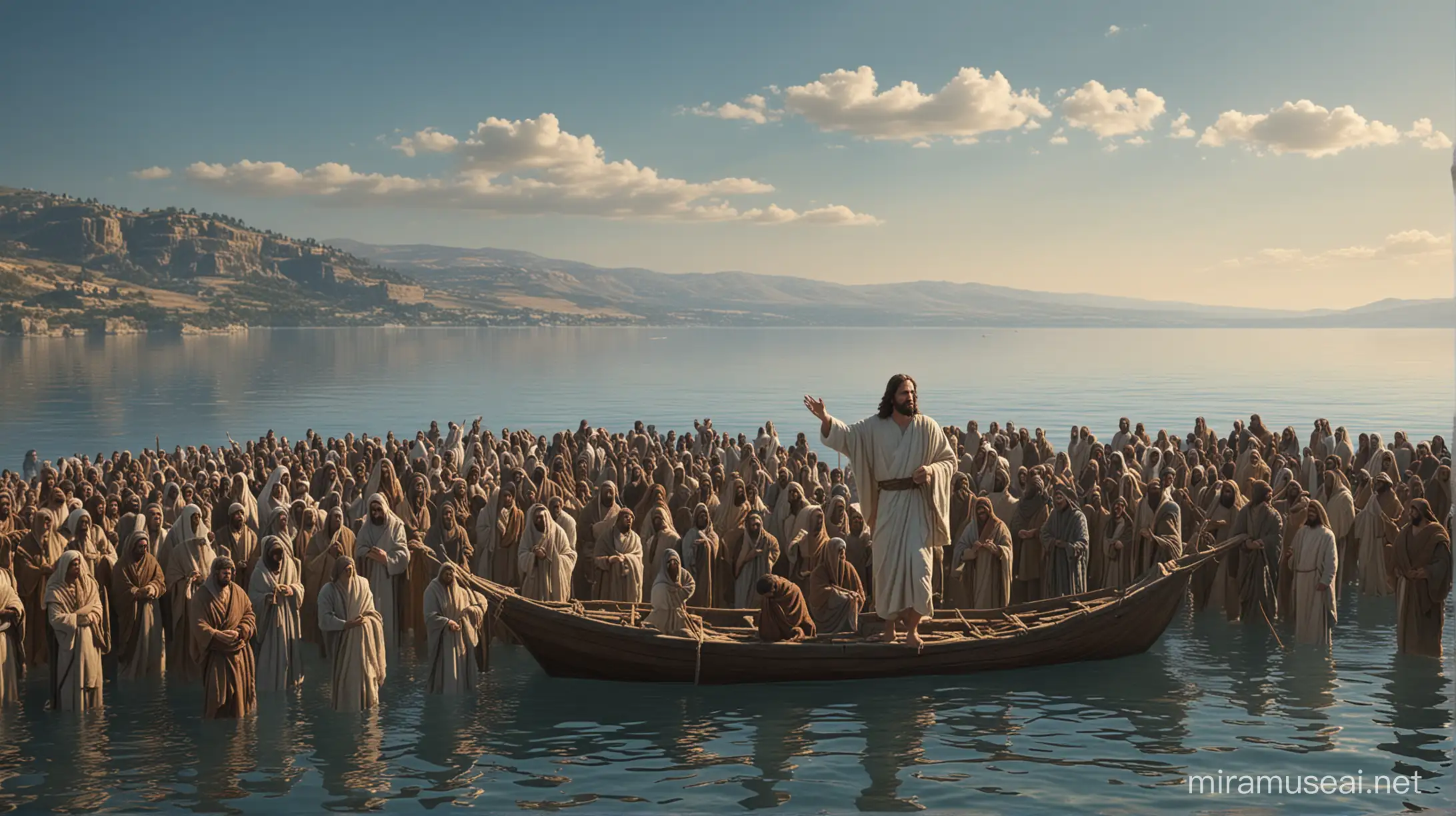 1st century image of Jesus on the Sea of Galilee, gathered with his followers on a warm afternoon with a serene blue sky. 6k resolution, more realistic, based on the movie The Passion of the Christ.