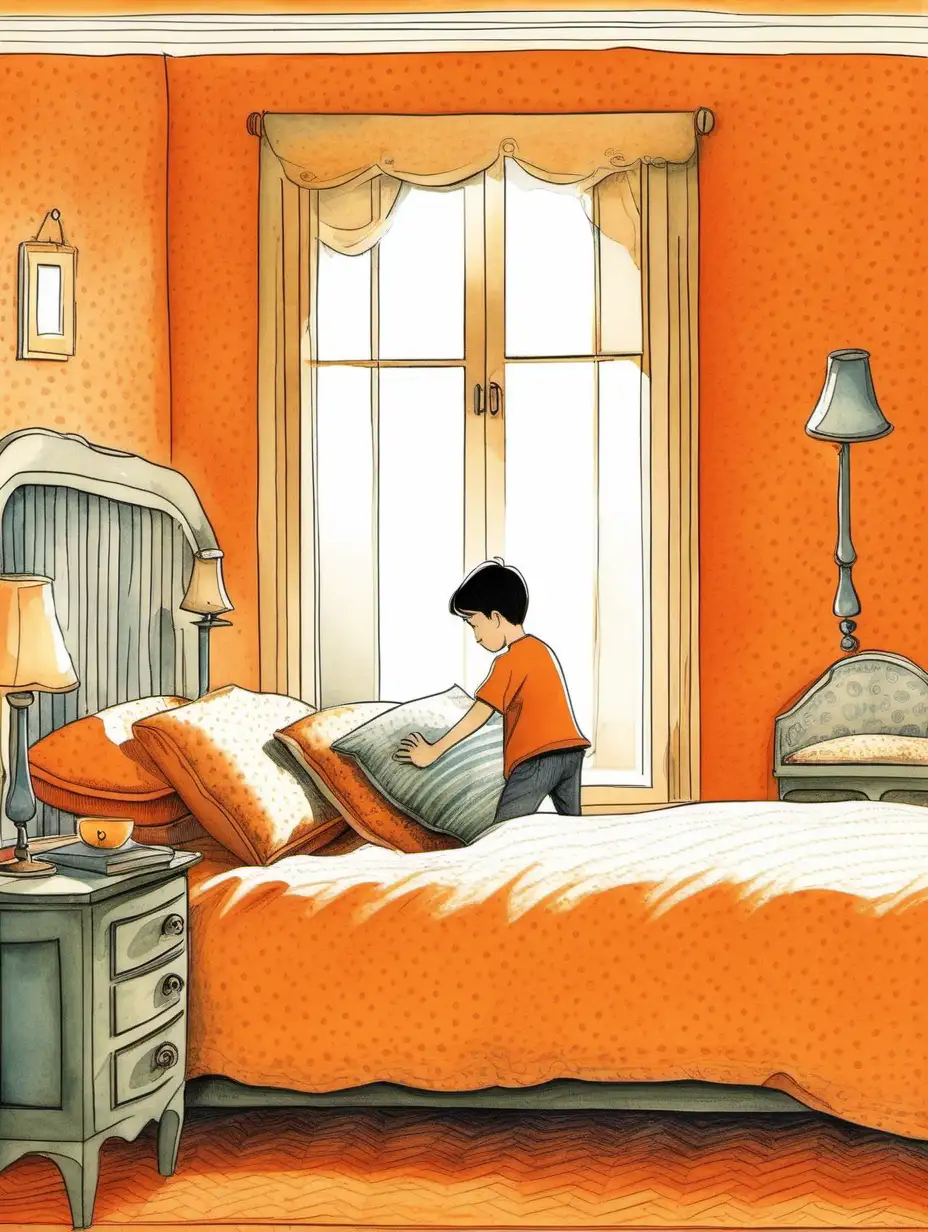 Young Boy Arranging Pillows in Vibrant Orange Bedroom