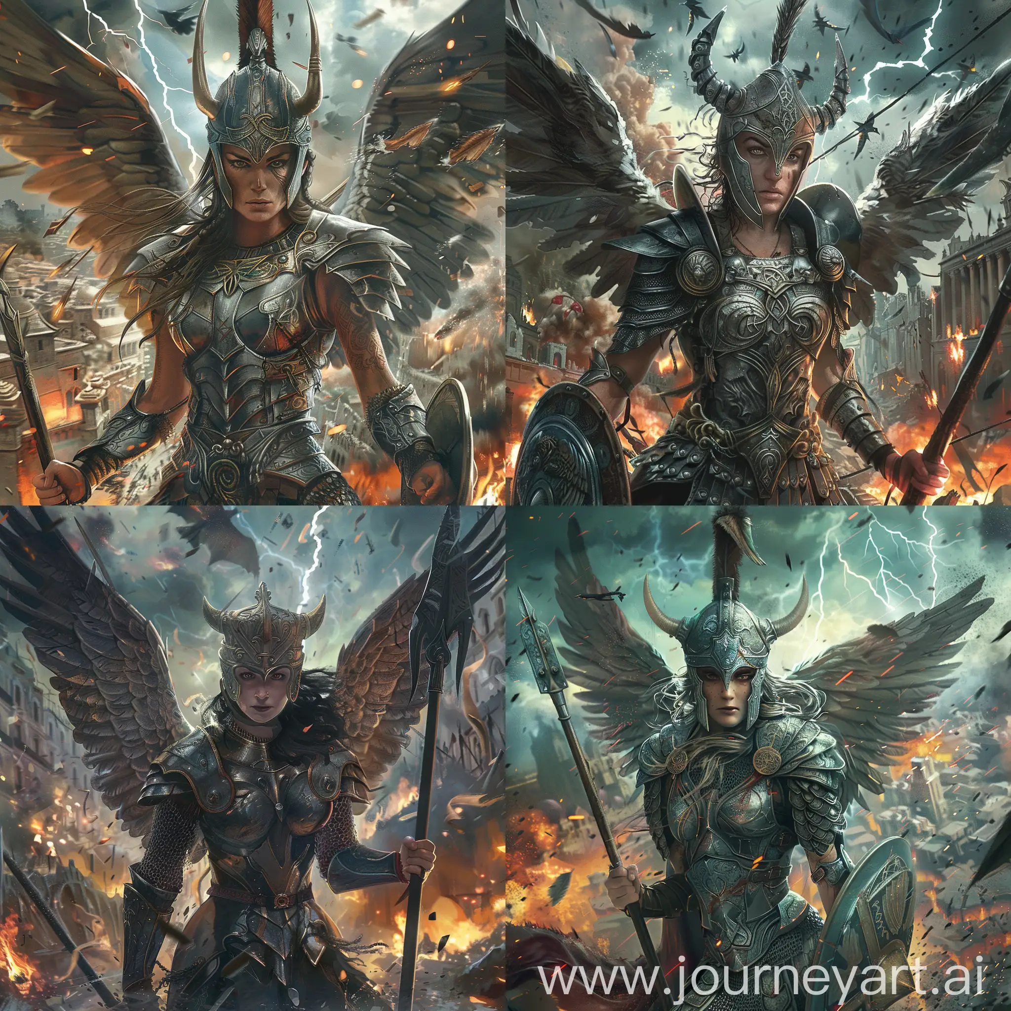 The Valkyrie is wearing a metal armor and a helmet, and she has a pair of wings on her back. She is holding a spear and a shield, and she looks like she is ready for battle. The city is chaotic and war-torn, and there are some explosions and fires in the background. The sky is dark and stormy, and there are some lightning bolts and thunder in the air.