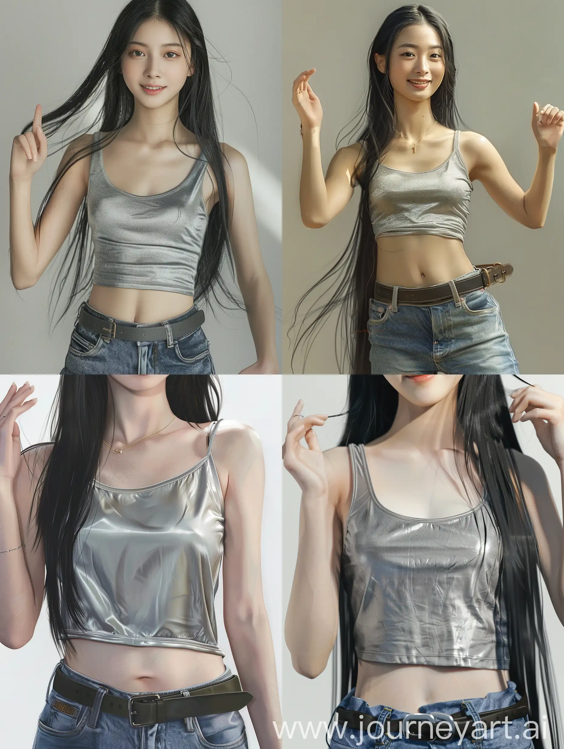 realistic style, showing the bust of an asian girl, 20 years old, long thin black hair, slightly smiling, thin silver gray tank top, she is fashion styling introducing her shirt, first hand raised gracefully, second hand placed on belt, jeans, simple background, focused light