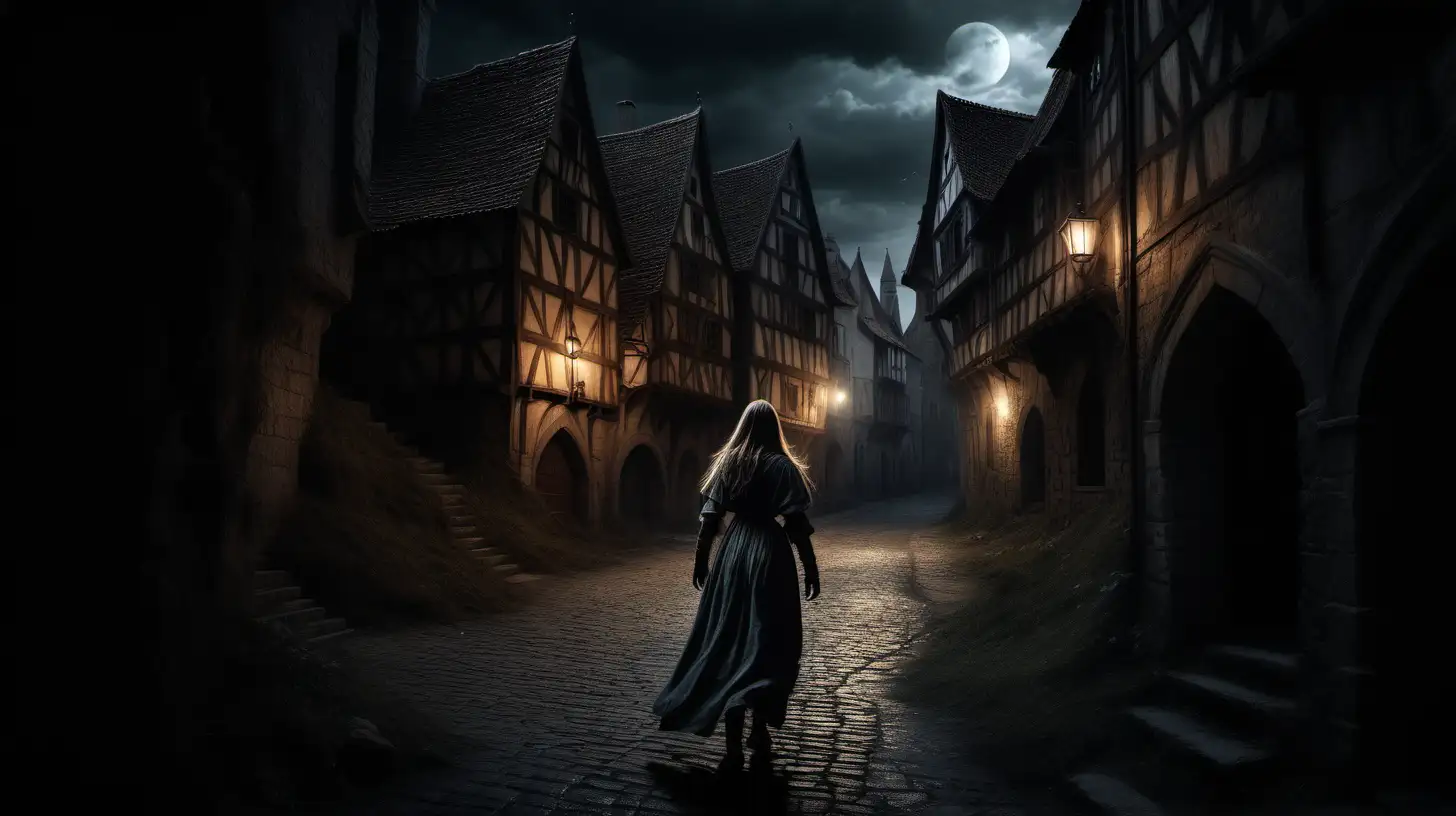photographic, realistic, 
A medieval town. Outside, night. A young woman is trying to escape from a horrible dark creature, which we can see vaguely following her in the distance.