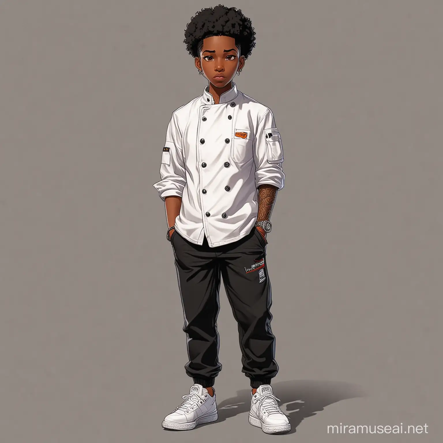 black chef cartoon in wearing streetwear in anime style
