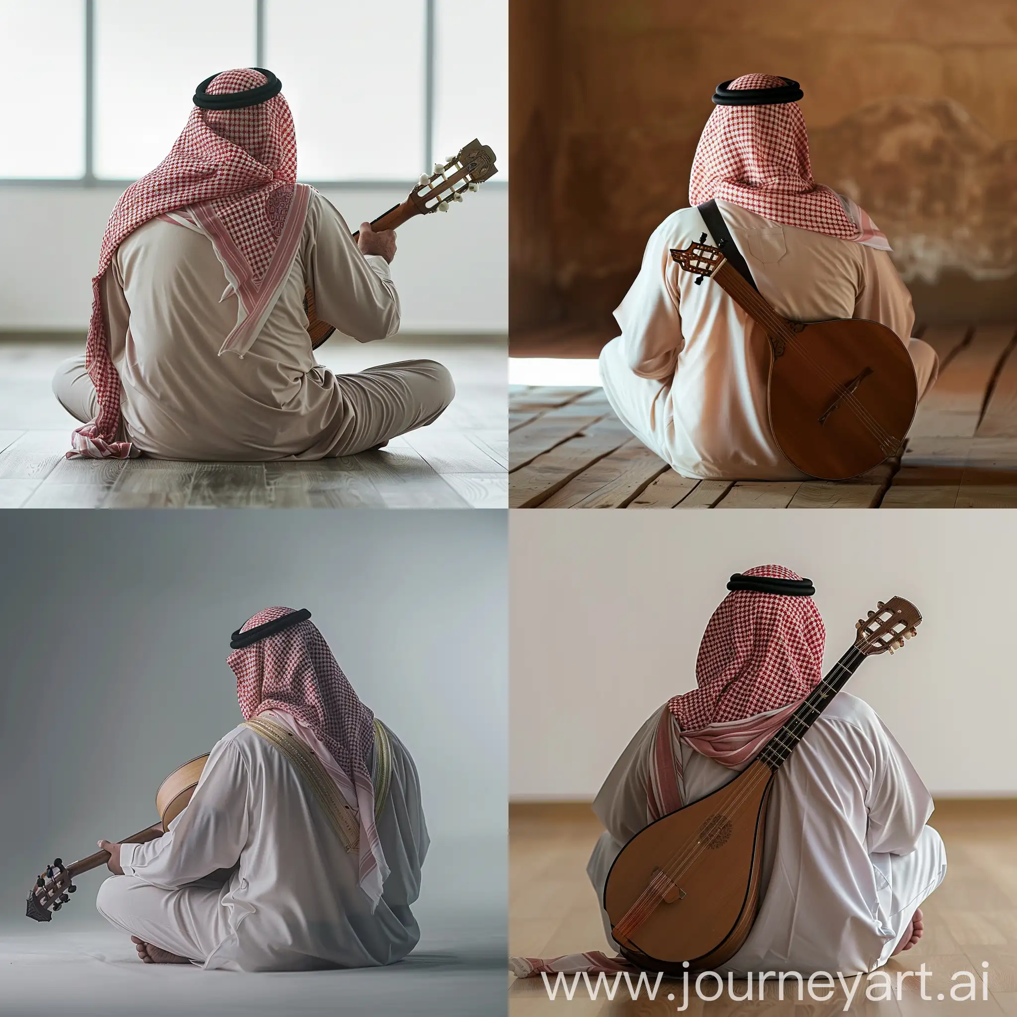 Rear side view of a Saudi man sitting cross-legged on the floor and playing the oud