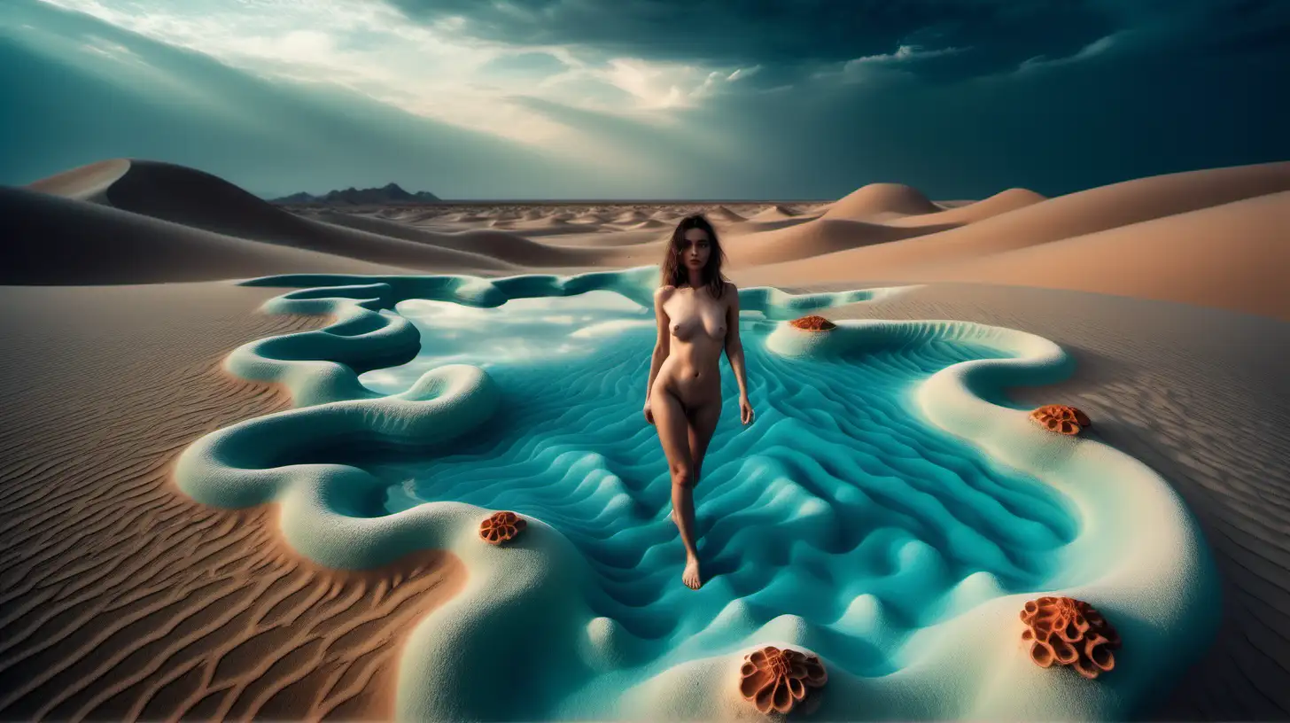Psychedelic Portrait Photography Nude Woman amid Crystalline Blue Mineral Clouds and Desert Dunes