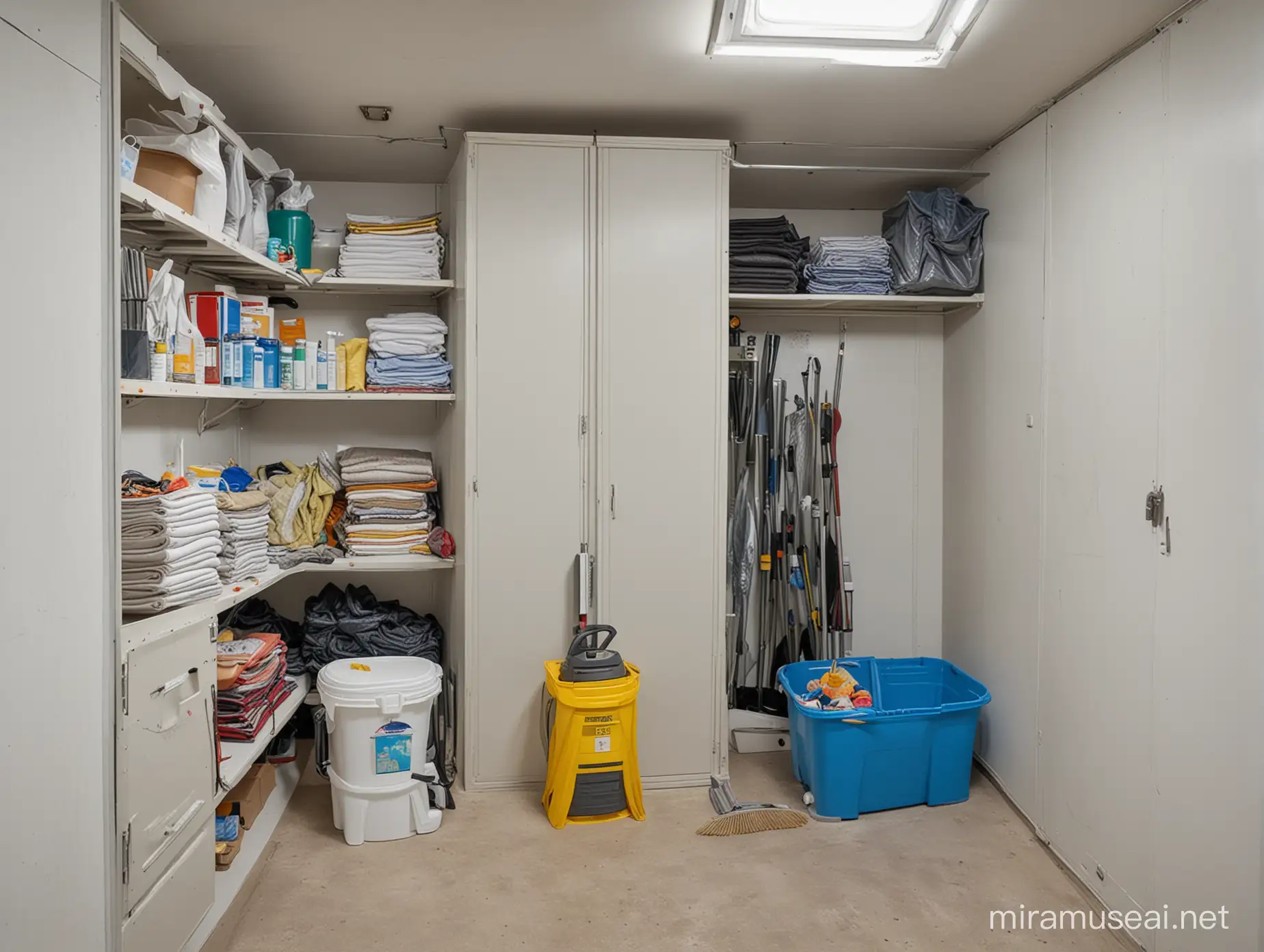 Organized Bunker Storage Room with Assorted Household Items