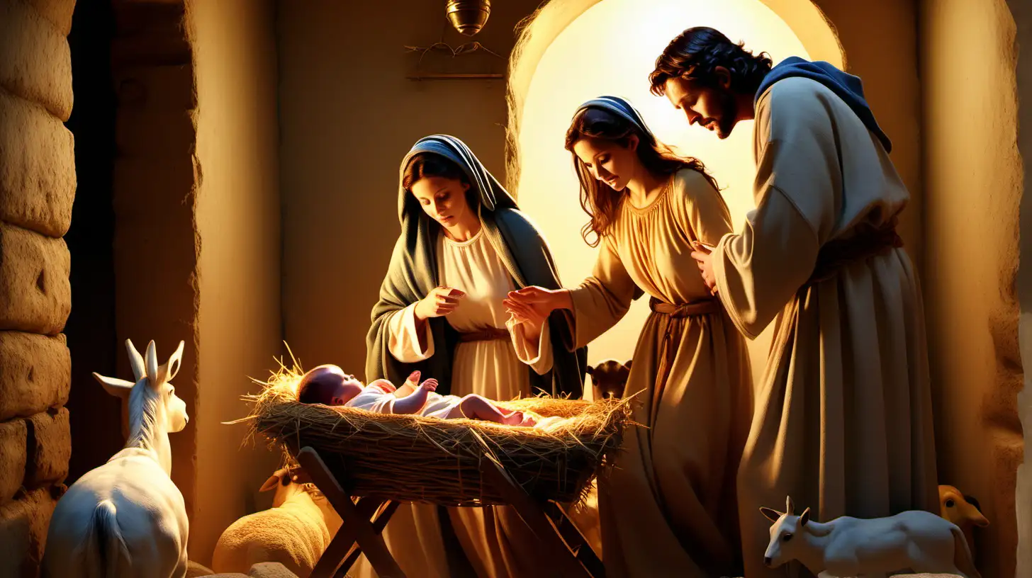 Realistic digital art depicting The Holy Family in Bethlehem on Jesus's birthday. Capture the serene atmosphere with warm, golden lighting and soft shadows. Show Mary, Joseph, and baby Jesus in the manger, surrounded by humble animals. Use advanced digital techniques to enhance the details and textures, creating a lifelike portrayal. --s 150 --ar 16:9