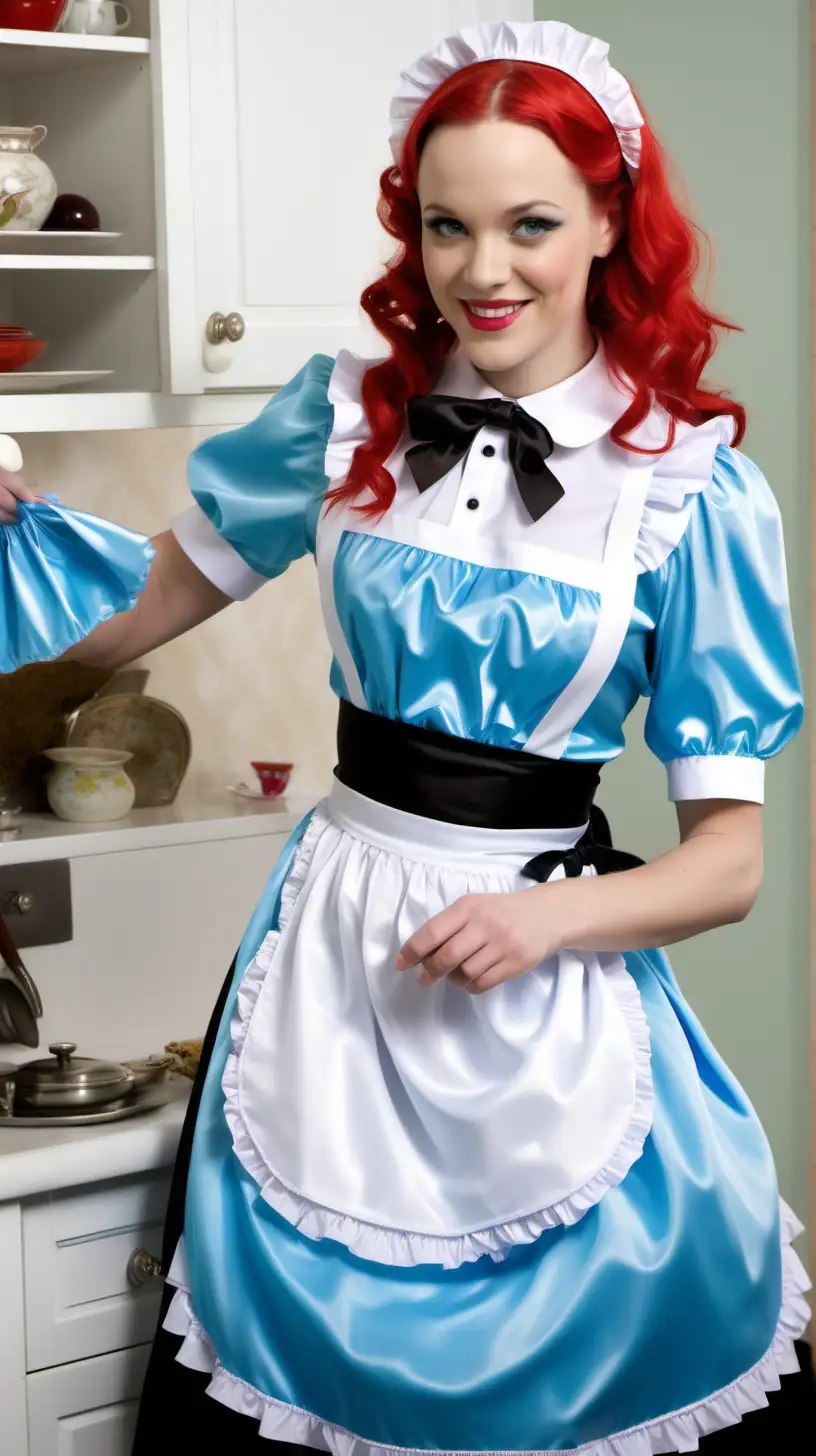 girls in long crystal silk   retro strong style sky BLUE and lila
 french maid gown with  apron and peter pan colar and long and short sleeves costume and milf mothers long blonde and red hair,black hair rachel macadams  smile in house