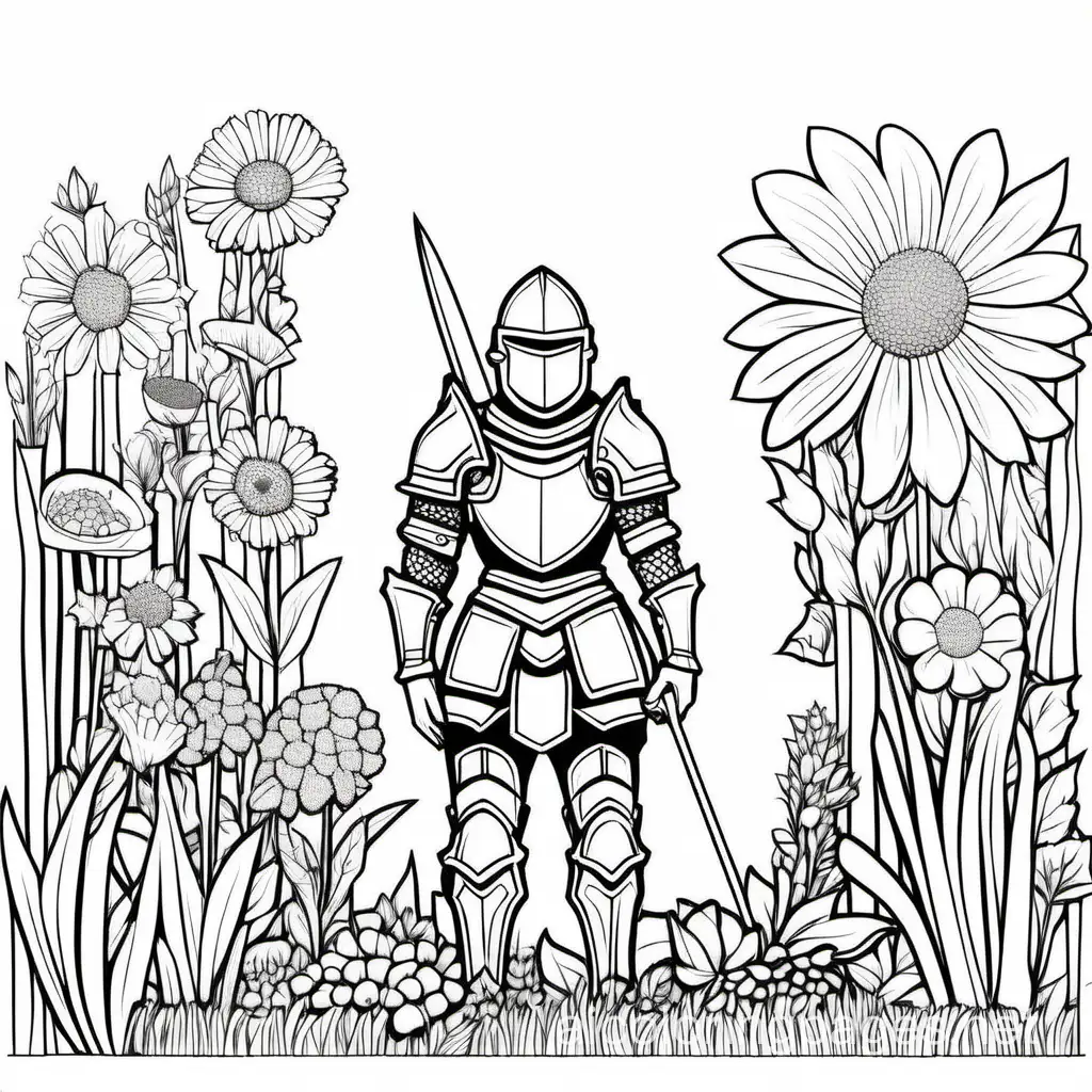 Person in armor planting flowers, Coloring Page, black and white, line art, white background, Simplicity, Ample White Space. The background of the coloring page is plain white to make it easy for young children to color within the lines. The outlines of all the subjects are easy to distinguish, making it simple for kids to color without too much difficulty