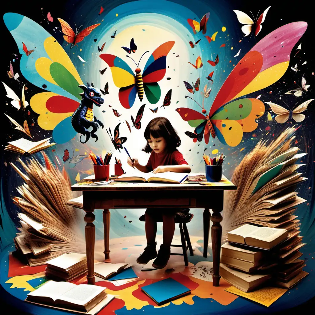 Vibrant Childrens Book Author at Fantasy Desk with Floating Characters