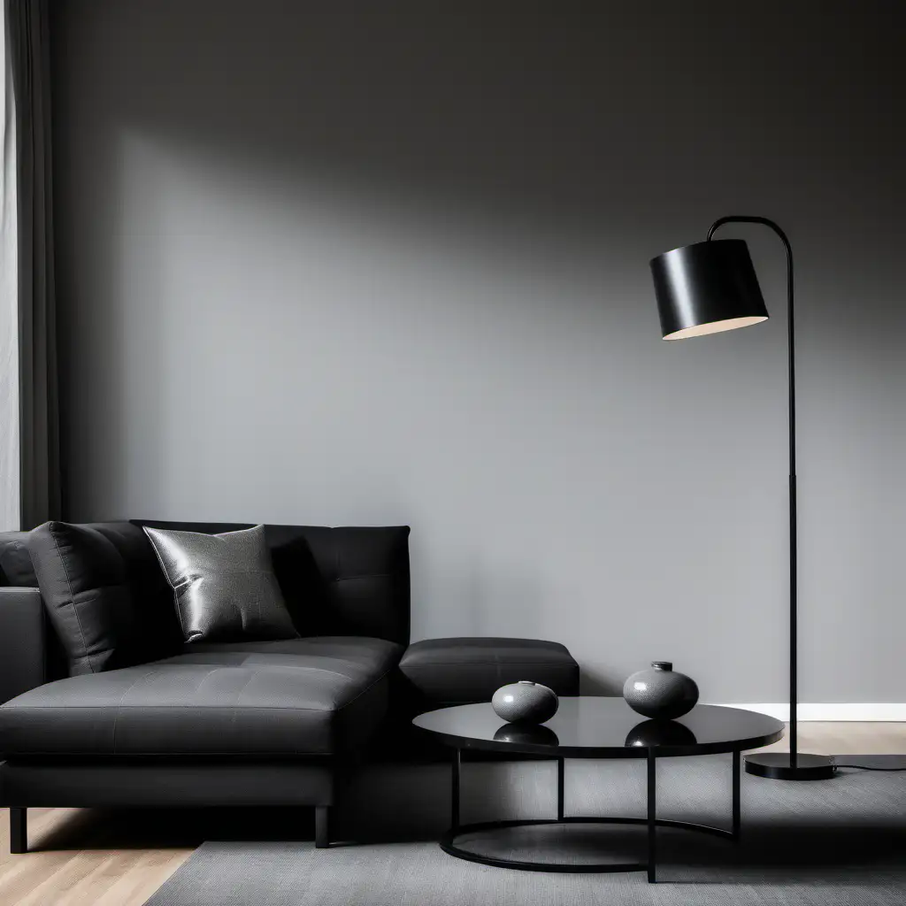 Commercial Photography, modern minimalist living room interior with  black sofa and grey lamp