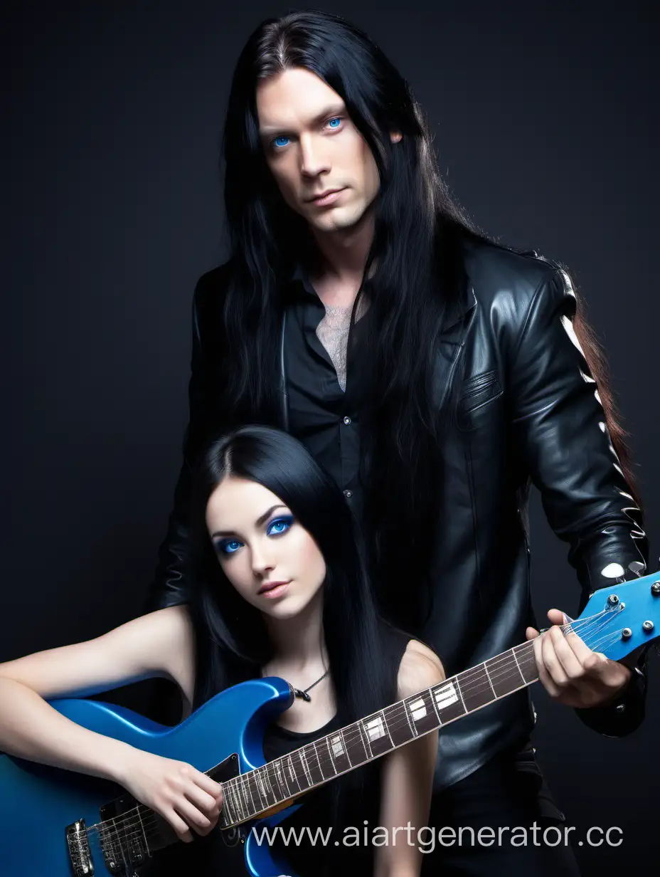 Парень рок музыкант с длинными чёрными волосами и голубыми глазами и девушка с длинными чёрными волосами и карими глазами