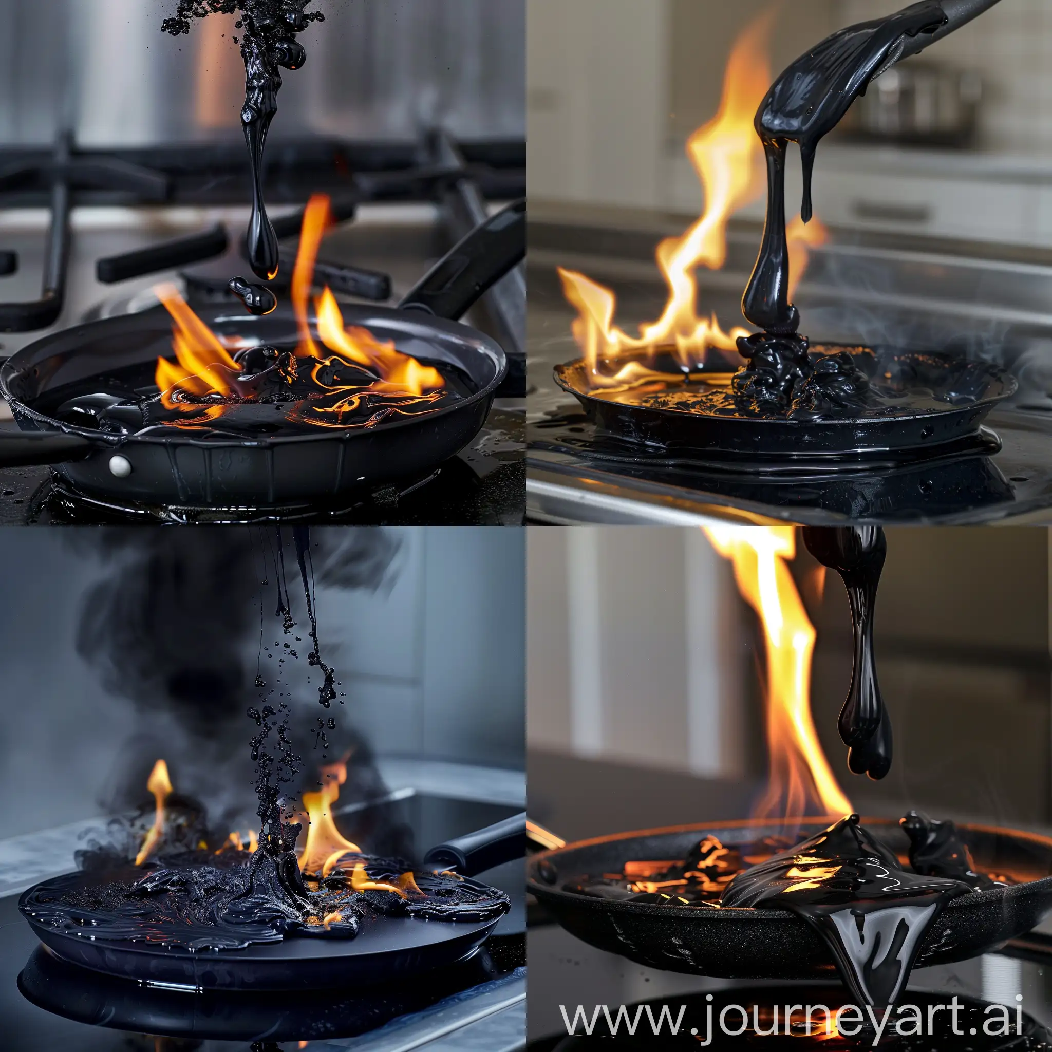 a frying pan, made of black plastic, melting over the flame on the hob. it's starting to drip melting plastic. the melted droplets are catching fire. it's creating a bit of black smoke. include a handle on the frying pan 