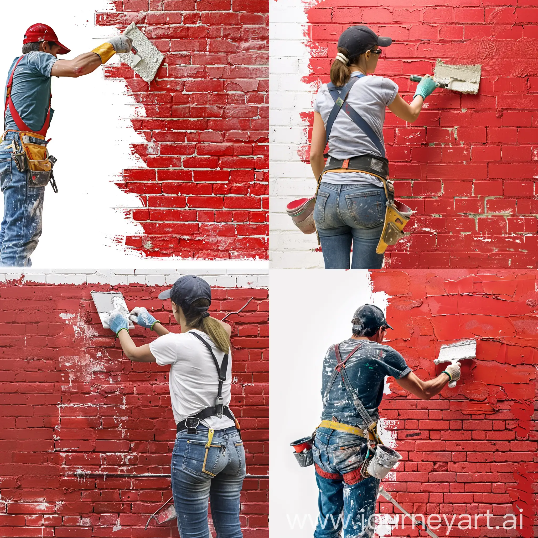 person applying plaster to a red brick wall, white background, ultra-realistic style, wearing work clothes including jeans and a t-shirt, using a trowel, with safety gloves and a hat