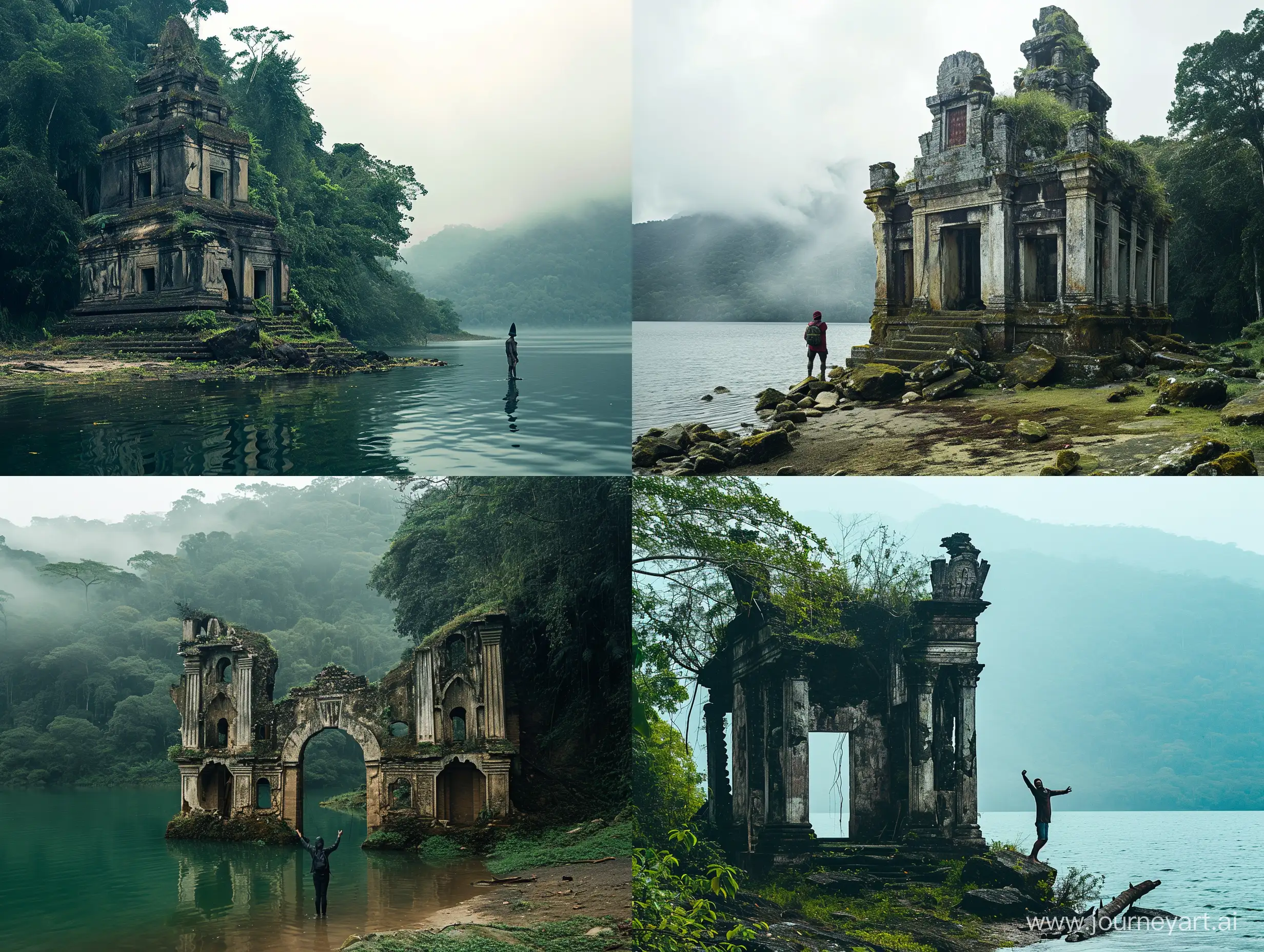 Путник стоит возле жуткого полуразрушенного храма на берегу озера в джунглях Южной Америки и кричит 