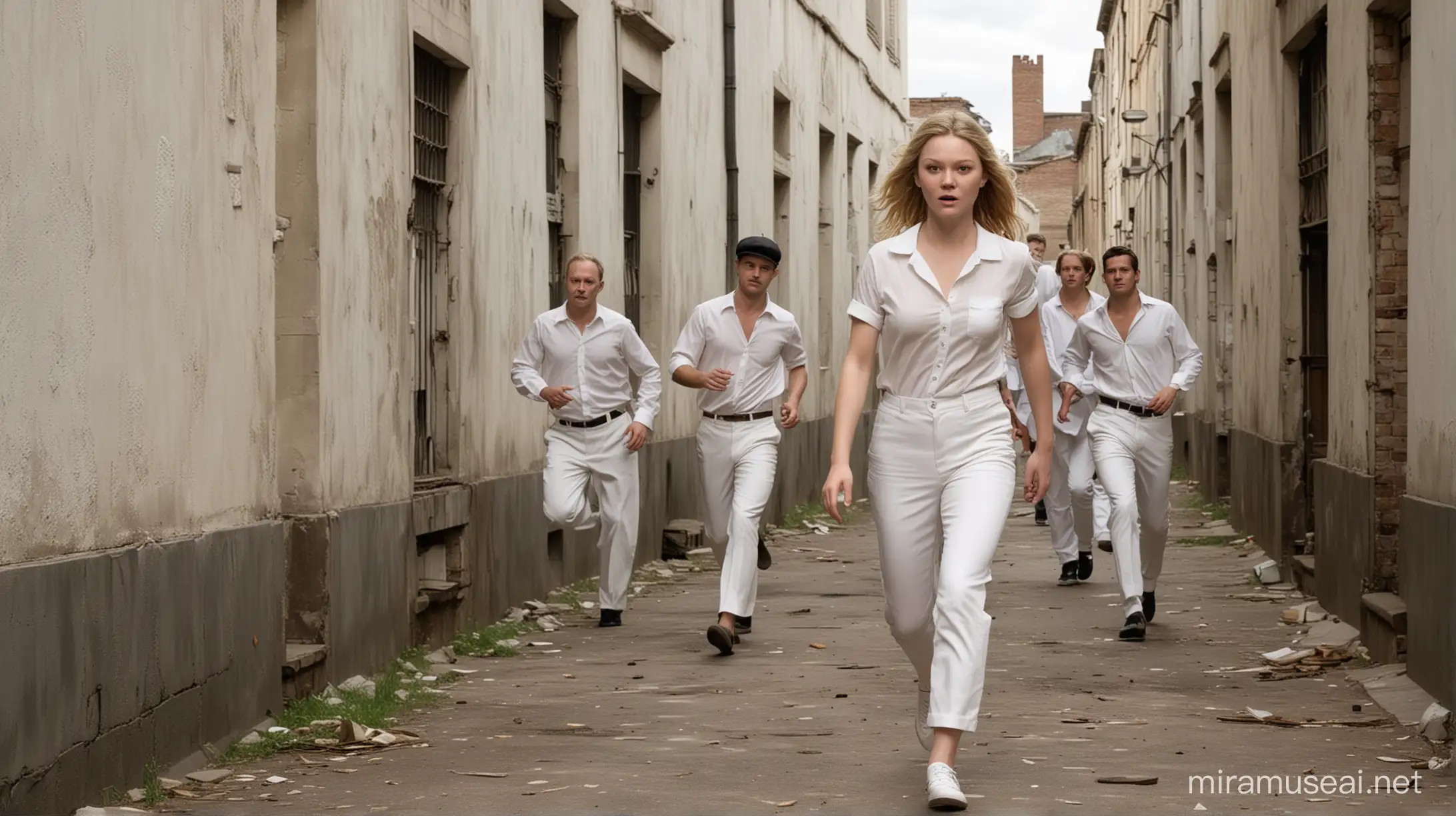 Generate an image of a completely naked lady that looks like the young Julia Stiles, running away from the gang of 4 guys dressed in white shirts, white trousers, white braces and a white cricket codpiece and bowler hat set in a rundown brutalist building