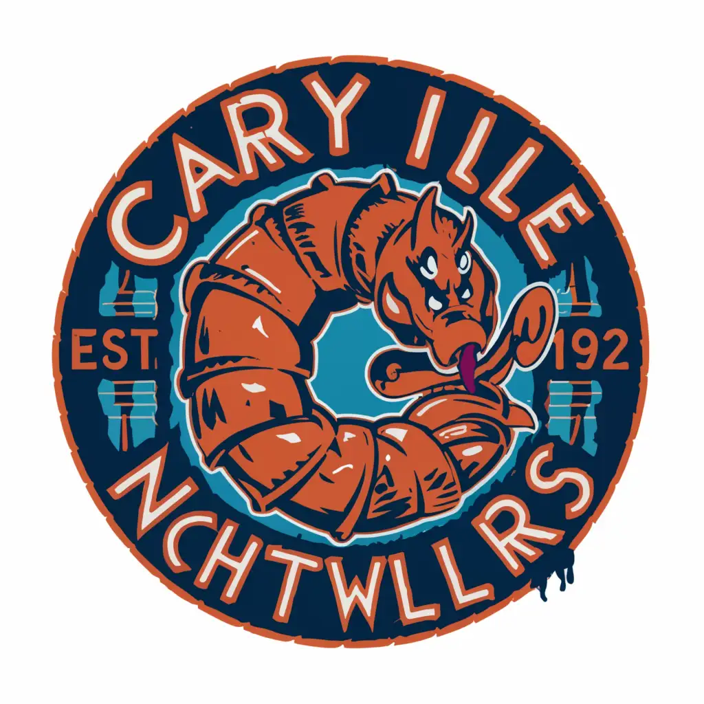 a logo design,with the text "Caryville Nightcrawlers", main symbol:have the name of the town and the team mascot name on a circular badge logo and then have a mean, giant earthworm wrap itself around, inside, outside and all around the logo and have its head come out on top and look straight forward with red eyes and a mean face,Moderate,clear background