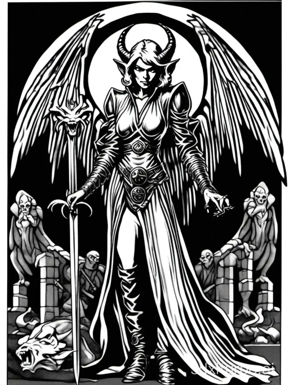 style of 1979 Advanced Dungeons and Dragons, plain black background, a tiefling:angel: sorceress, kneeling,

wide shot, 1bit bw, black border,