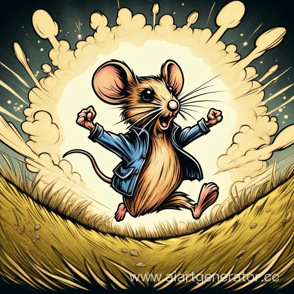 нарисуй полевую мышь которая убегает с поднятыми руками в поле от ядерного гриба в стиле disney