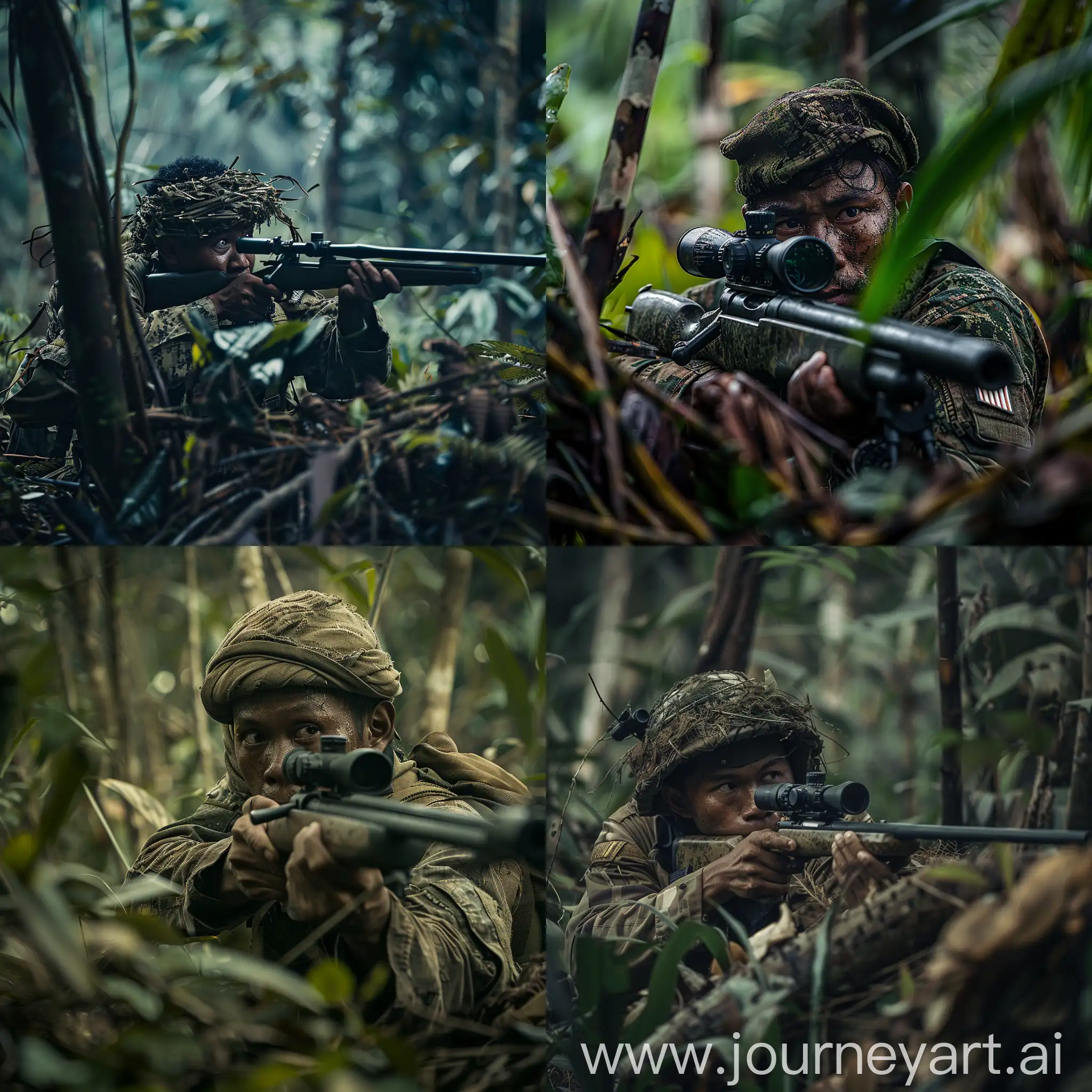 an Indonesian sniper soldier, aiming with a weapon in the Papuan forest, movie style