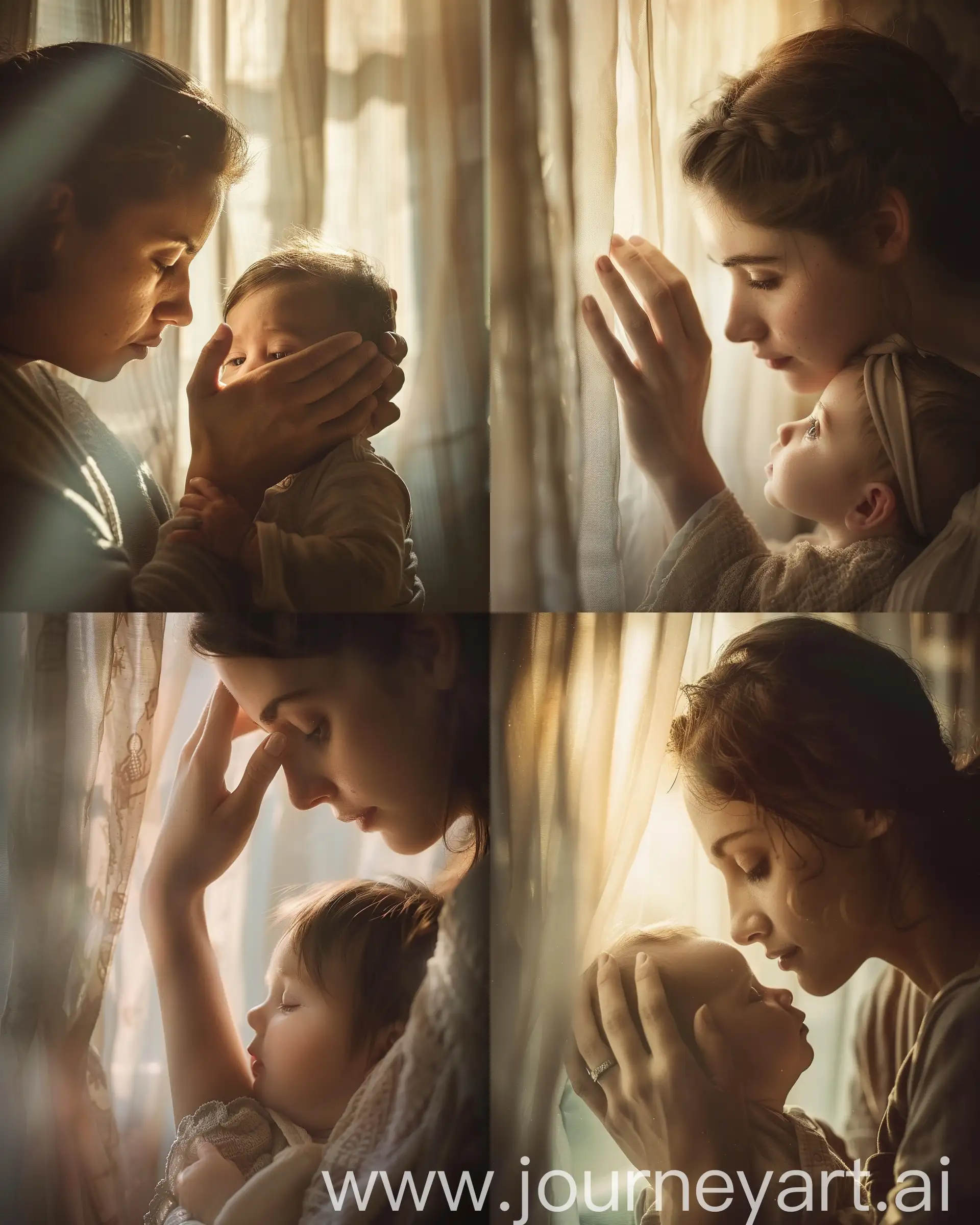  A heartfelt moment as a mother delicately places her palm on a baby's warm forehead, soft sunlight filtering through curtains, capturing the tenderness in the mother's eyes, emphasizing the baby's vulnerability, Photography, with a Canon EOS 5D Mark IV, 50mm lens, f/2.8 aperture, --ar 4:5